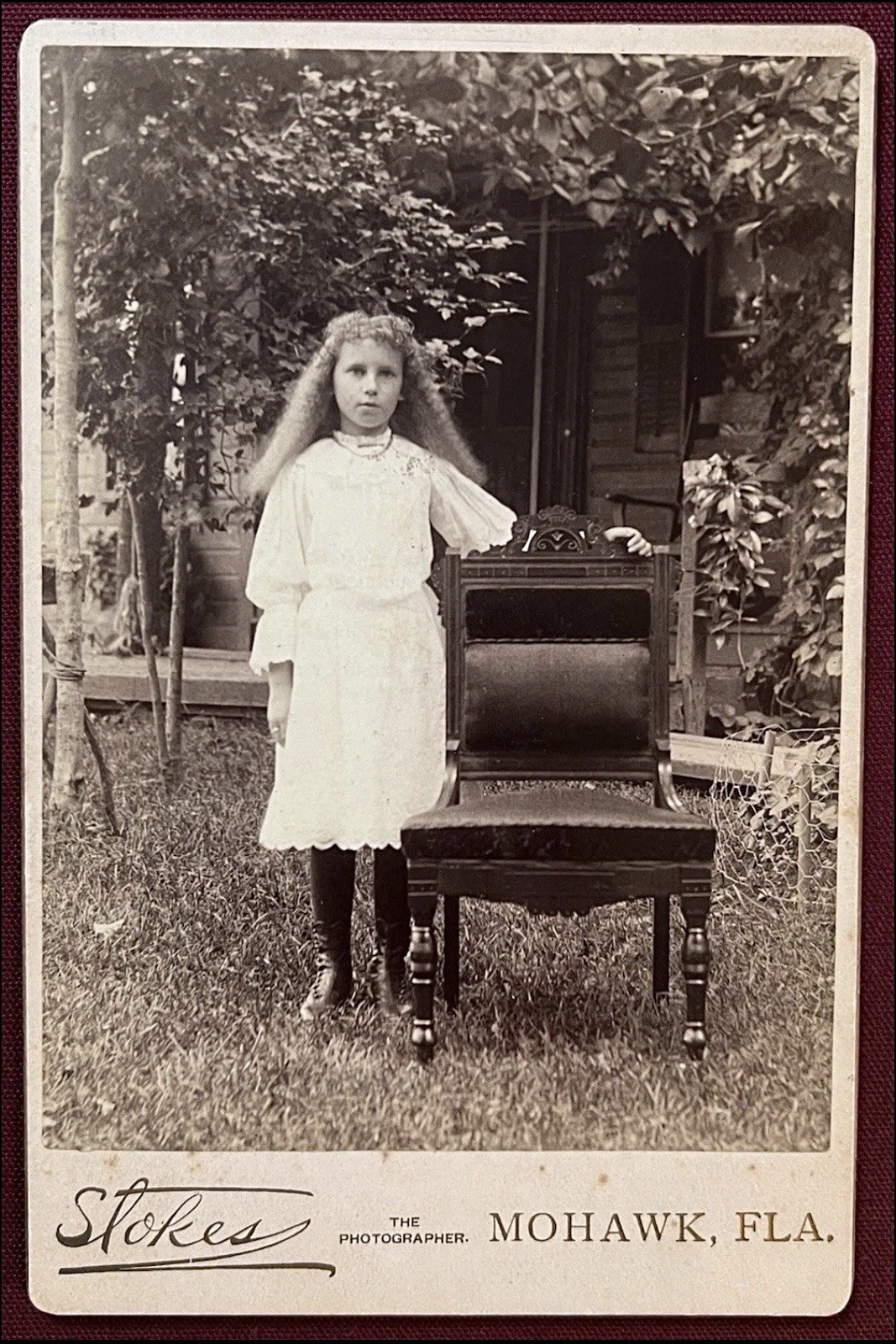 Antique Cabinet Card Young Girl Long Hair Outside Large Empty Chair Fla.