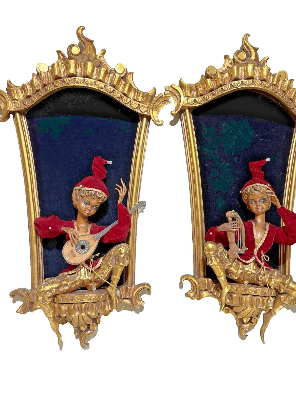 2 MCM Pixie Elf Wall Art 34”Hx19”W Gilt Framed Velvet Hollywood Plaque Kitschy