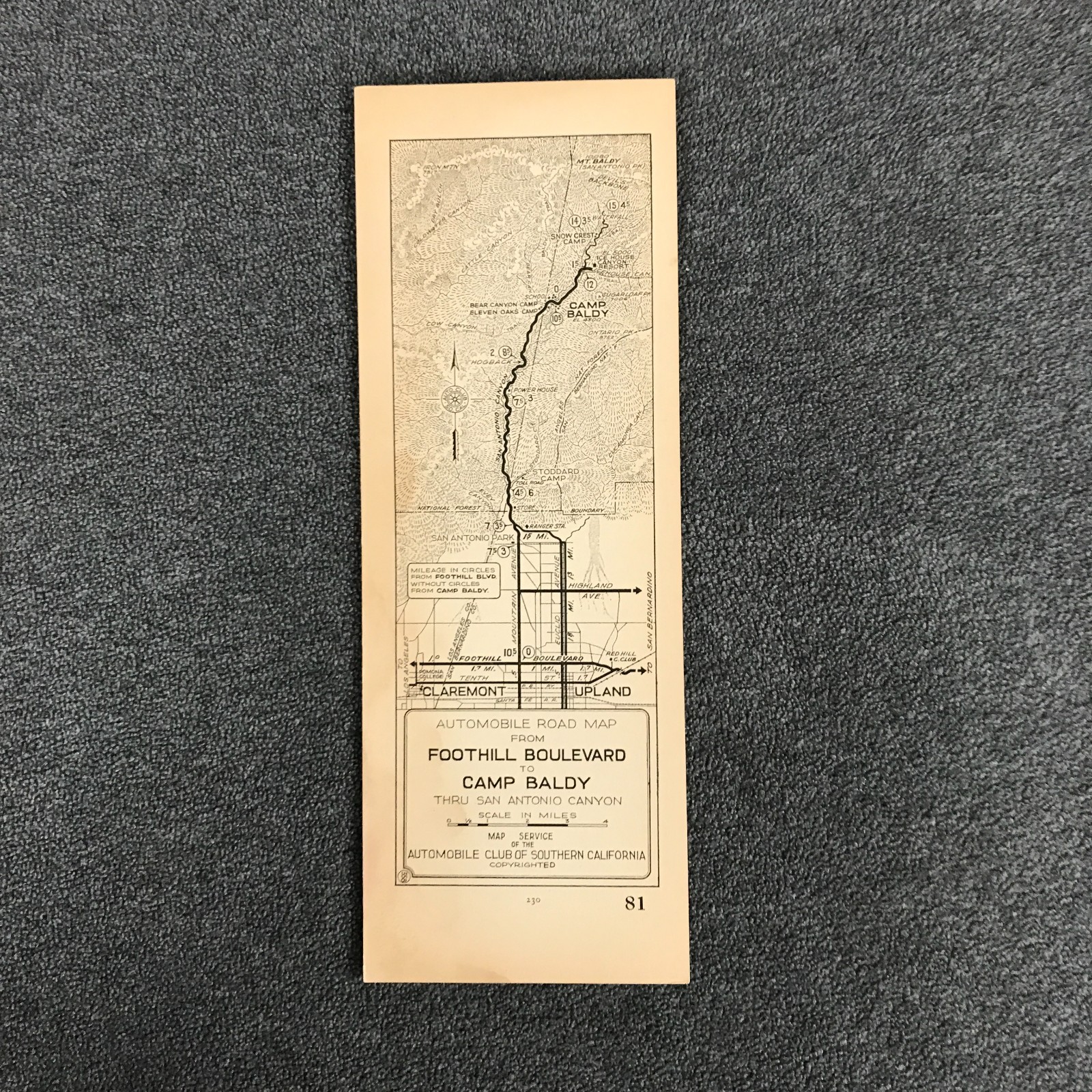 1918s AAA Auto Club Strip Map Foothill Boulevard to Camp Baldy California #81 