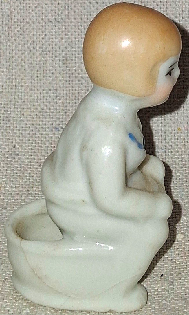 Vintage Japan Porcelain Baby Figurine on Chamber Pot, Glossy Glazed White