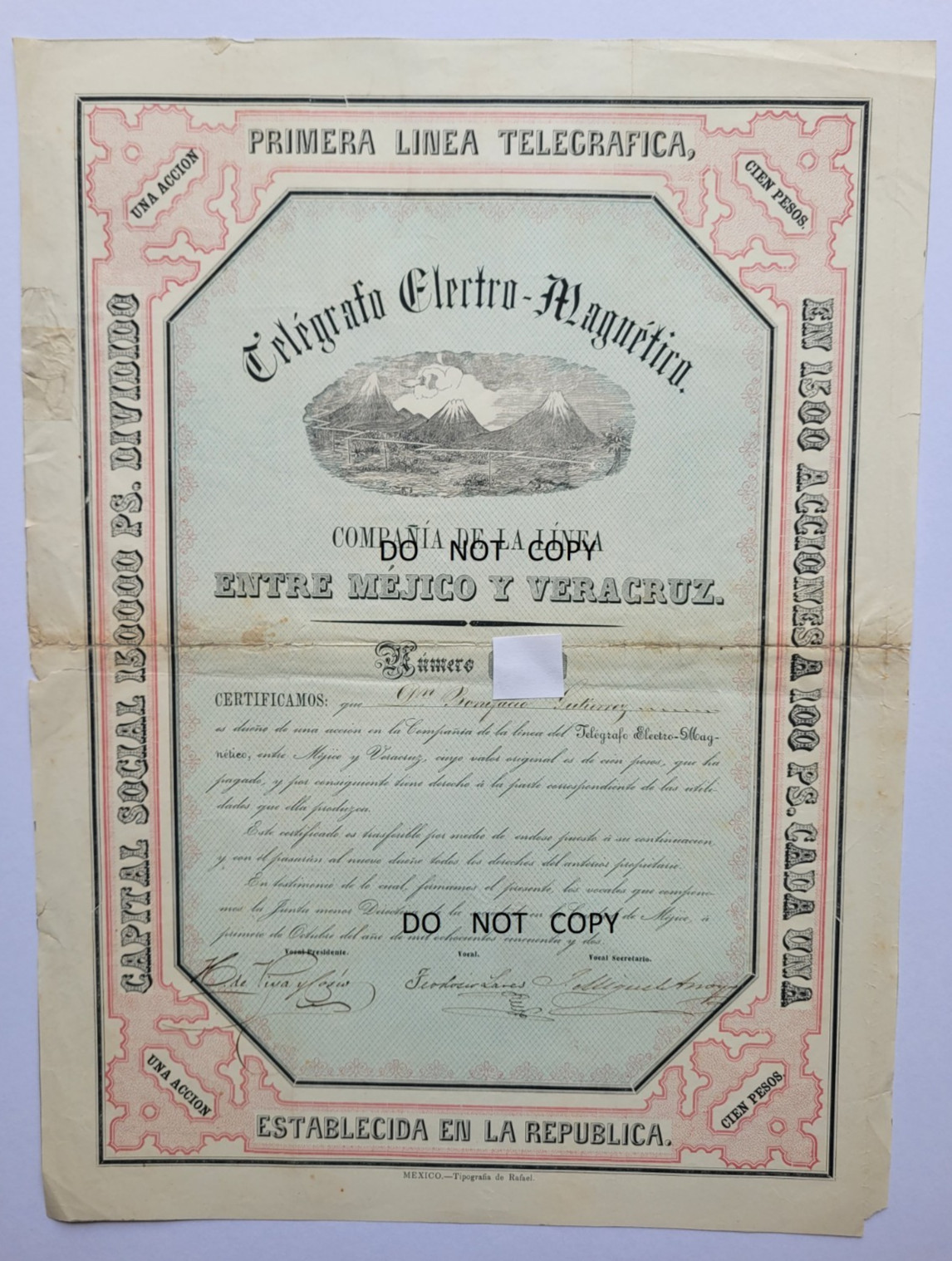 C.1852 BOND TELEGRAFO ELECTRO-MAGNETICO ENTRE MEJICO Y VERACRUZ EXTREMELY RARE 
