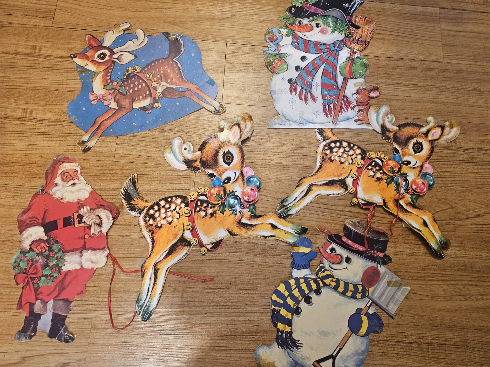 Lot of 6 Vintage Cardboard Cutout Christmas Decorations Paper Santa Snowman