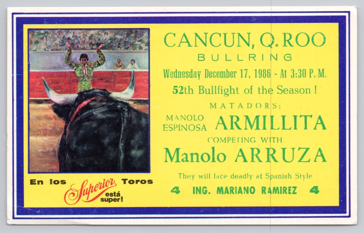 Vintage 1986 Cancun Bullring Matadors Postcard Manolo Armillita Vintage 1986 Cancun Bullring Matadors Postcard Manolo Armillita