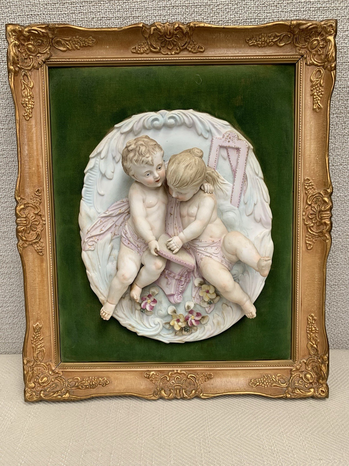Vtg Victorian Bas Relief Ceramic Winged? Cherubs on Velvet Ornate Frame