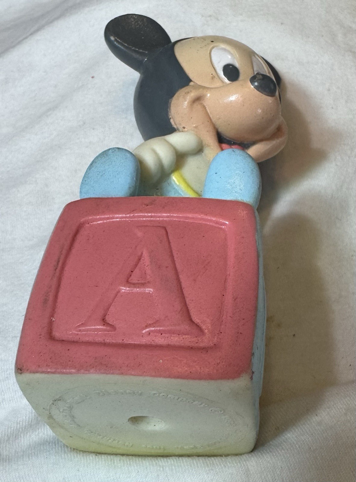 Vintage 1992 Playskool Walt Disney Baby Mickey On a Block Squeeze Squeak Toy.