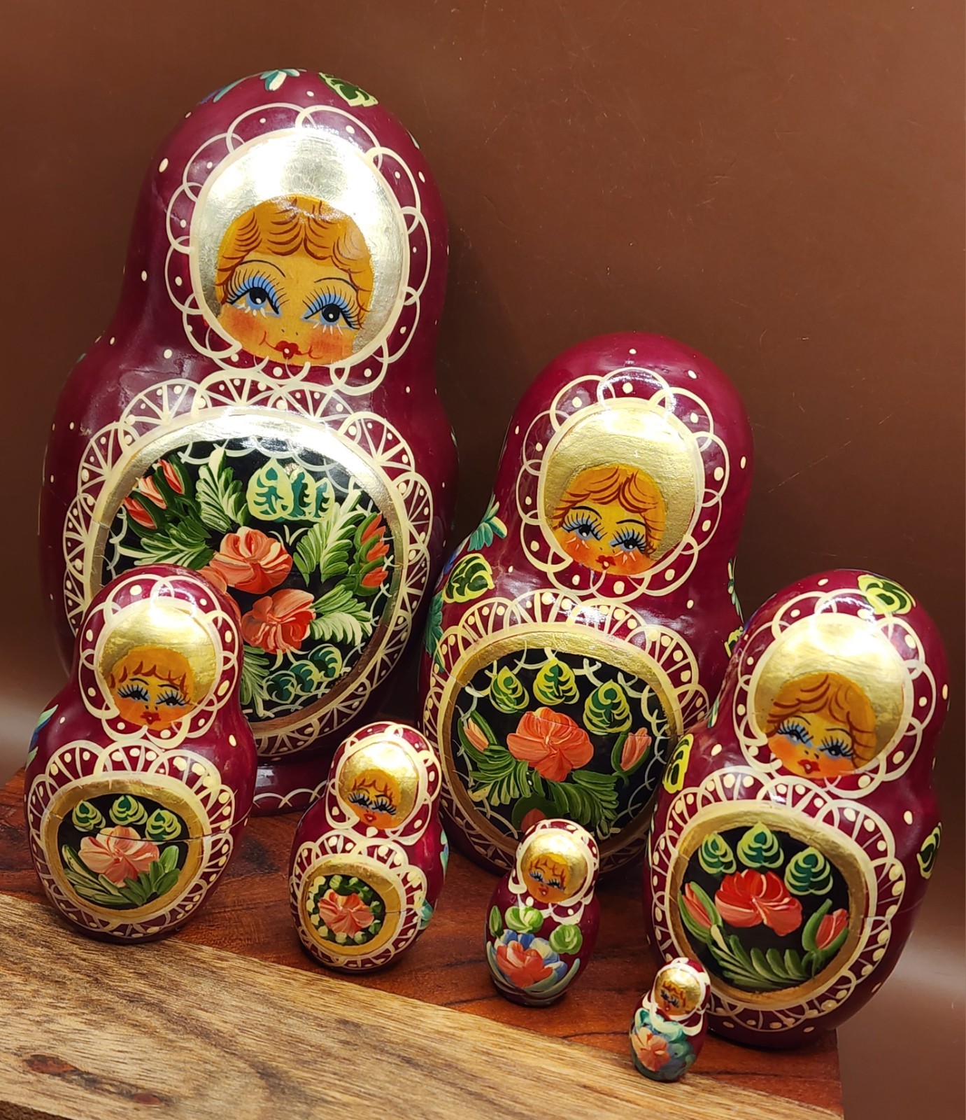 Vintage Sergiev Posad Matryoshka 7 Pc Burgundy Floral Nesting 6.5