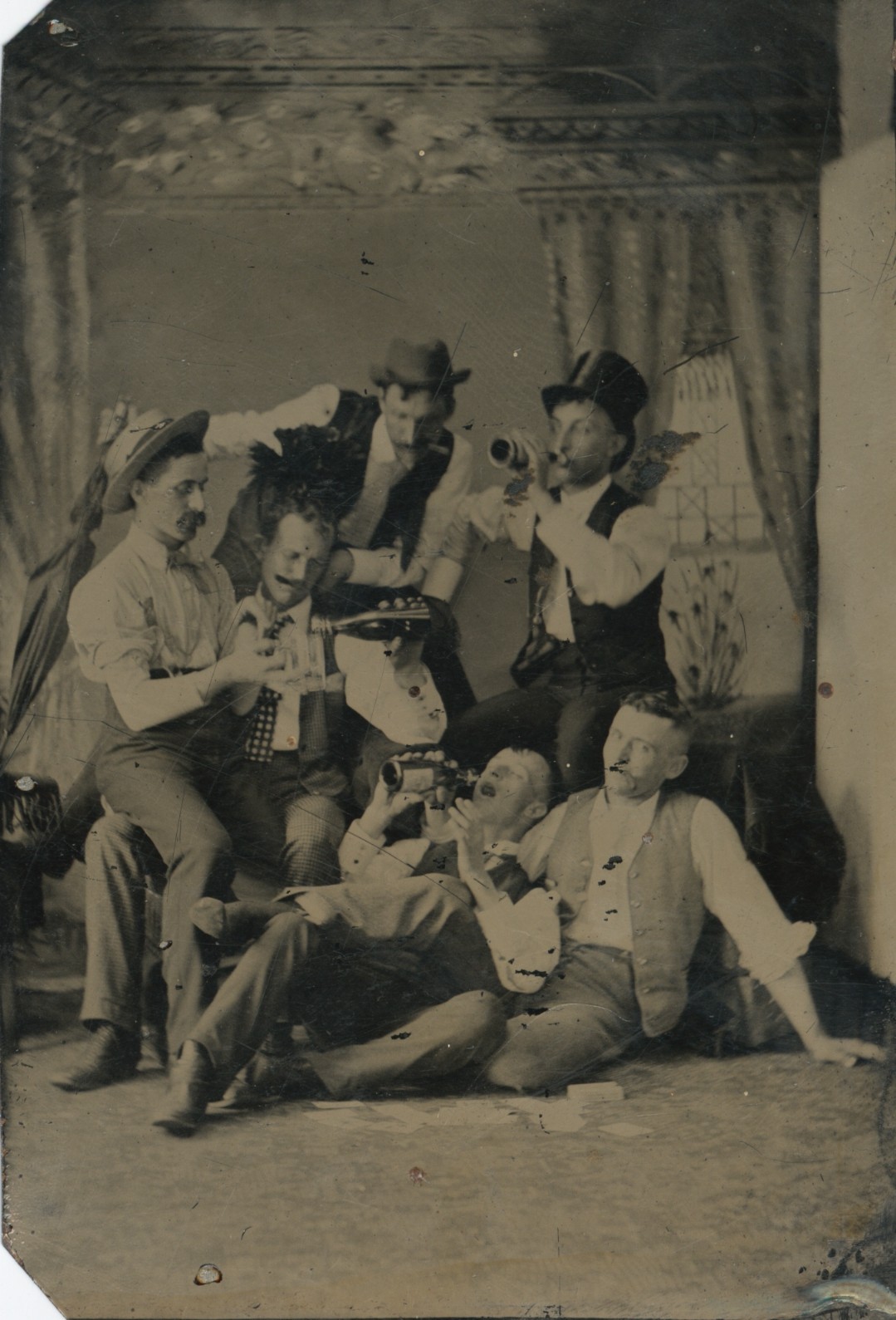 c. 1860's Group of Men Drinking and Smoking Tintype Photograph MALE AFFECTION