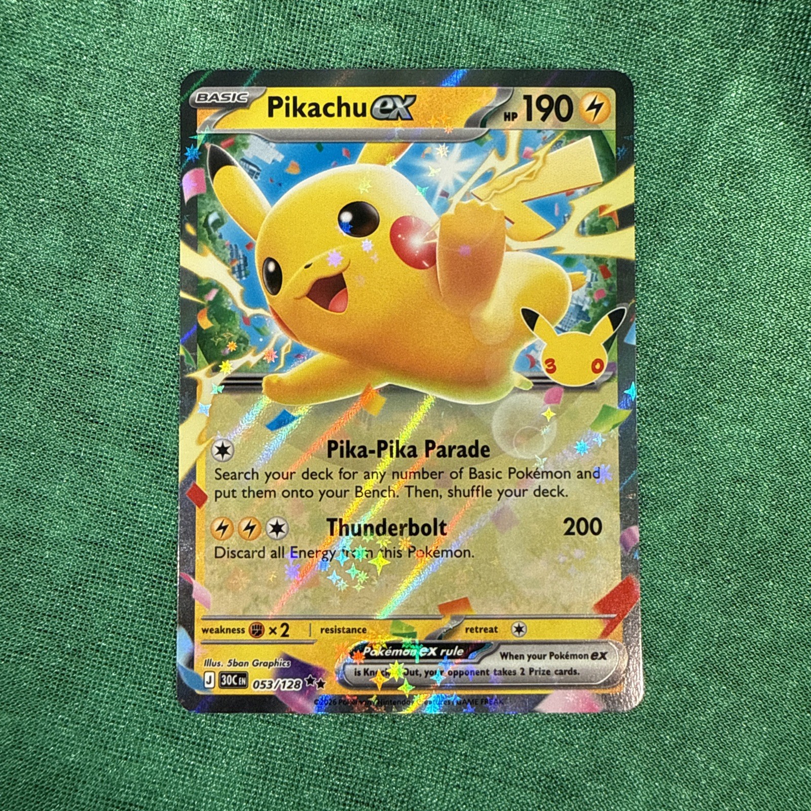 Pikachu EX Full Art Holo Ultra Rare English 190HP 30th Anniversary 53/128