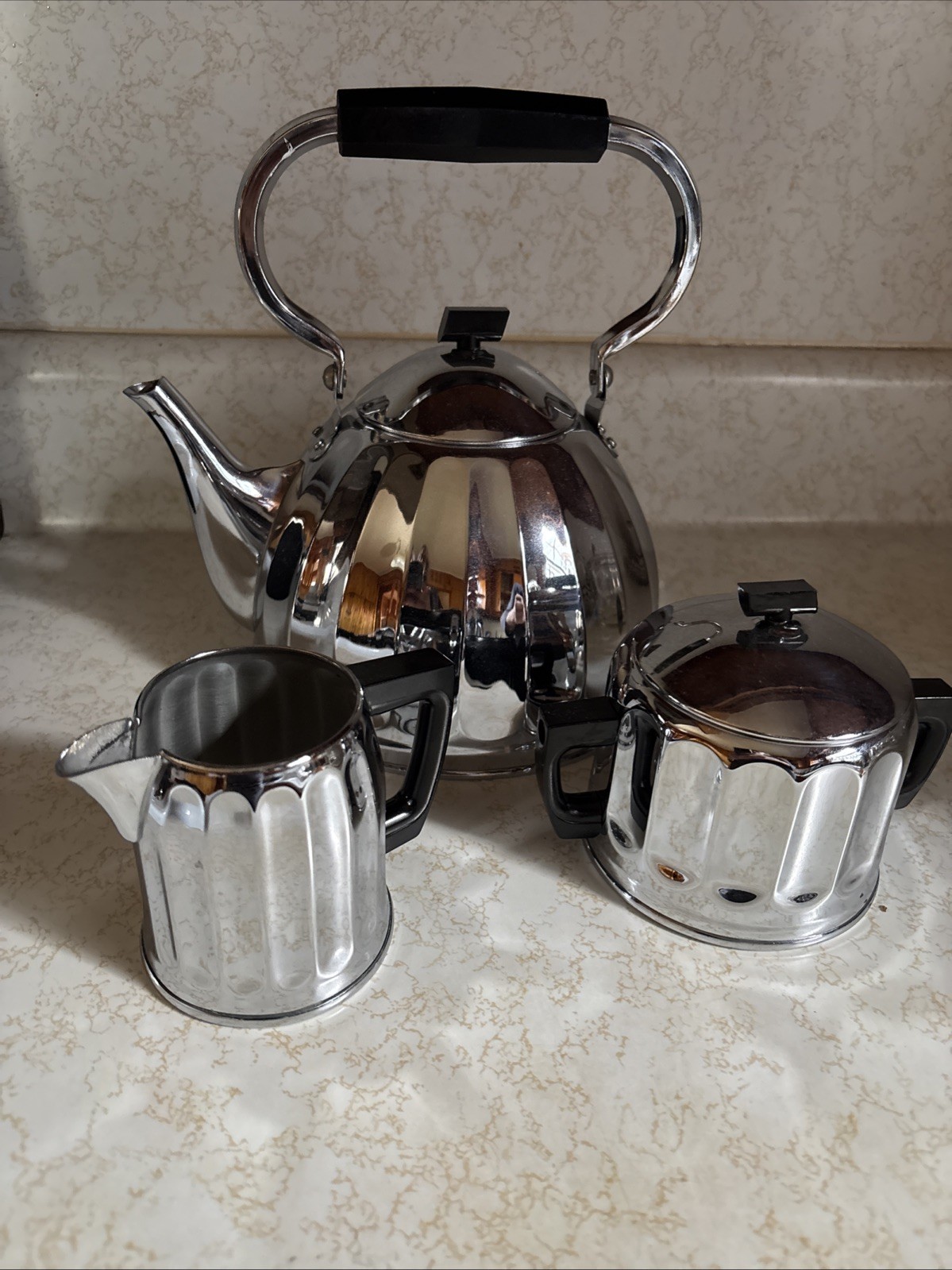 Vintage 1960s New USSR Soviet Russian Tea Kettle  Cream And sugar With Bird Mark