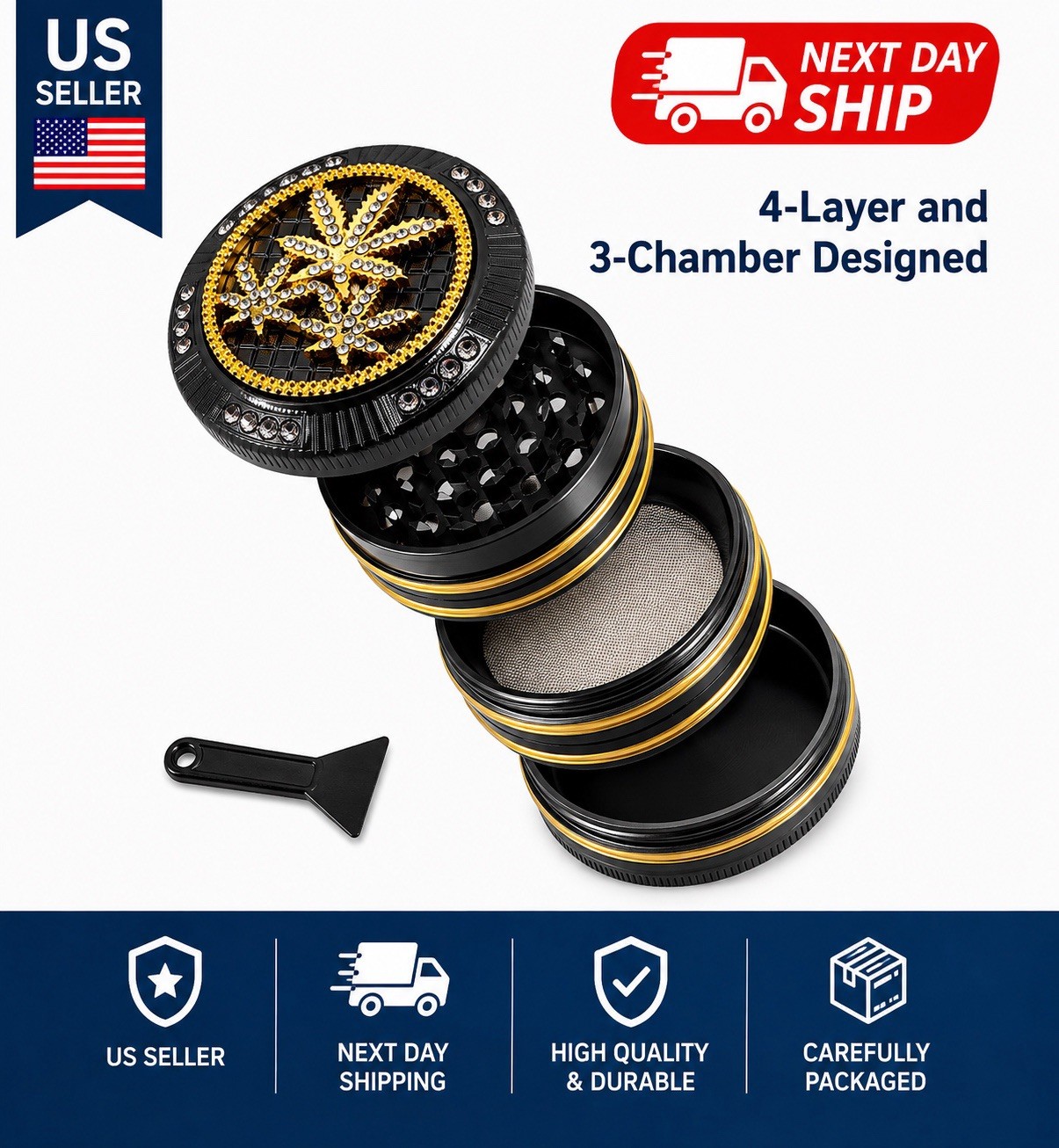 Bling Three Leaf Grinder Crusher 4-Layer 50mm Herb & Tobacco Grinder Alloy Metal