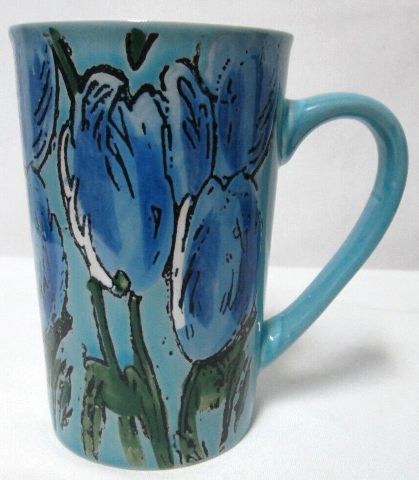 Spectrum blue green floral tall etched mug cup Dish Micro safe stoneware