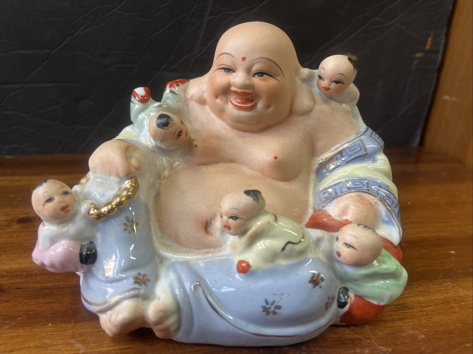 Vintage Chinese Fertility Sitting Buddha With Children Figure Statue