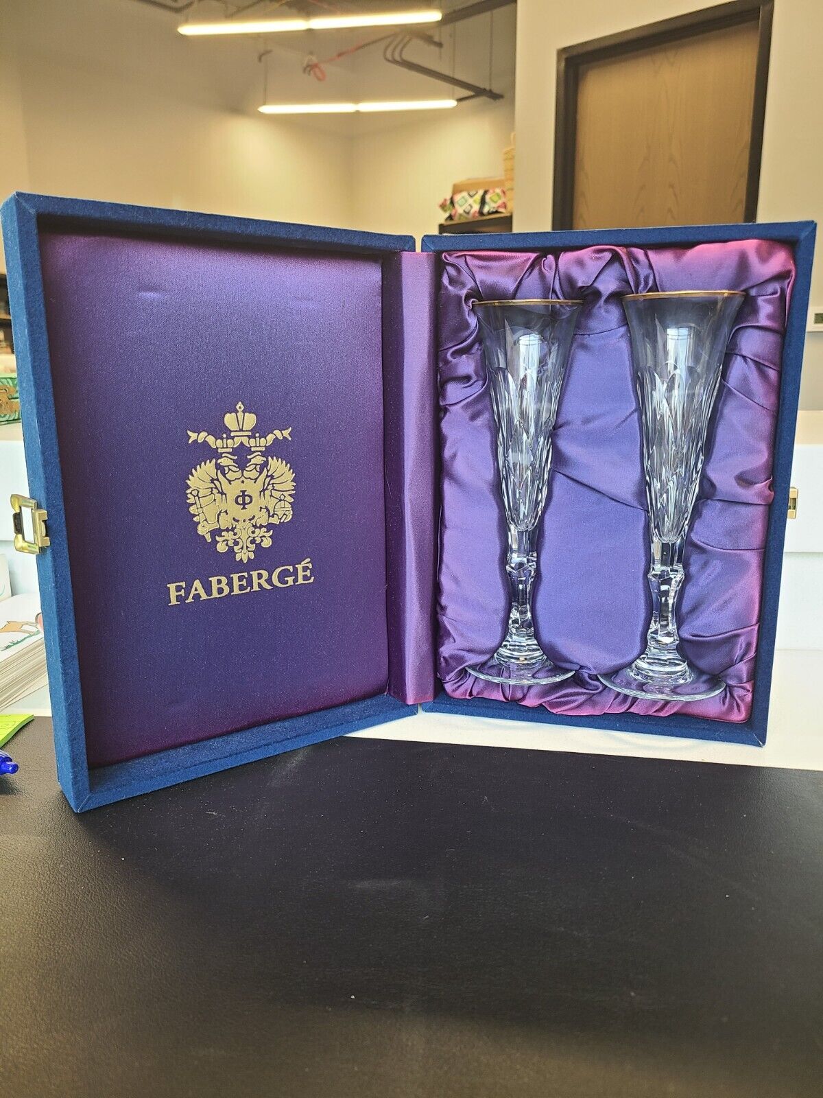 Champagne Flutes By Faberge With Gold Rims And Presentation Blue Box stunning