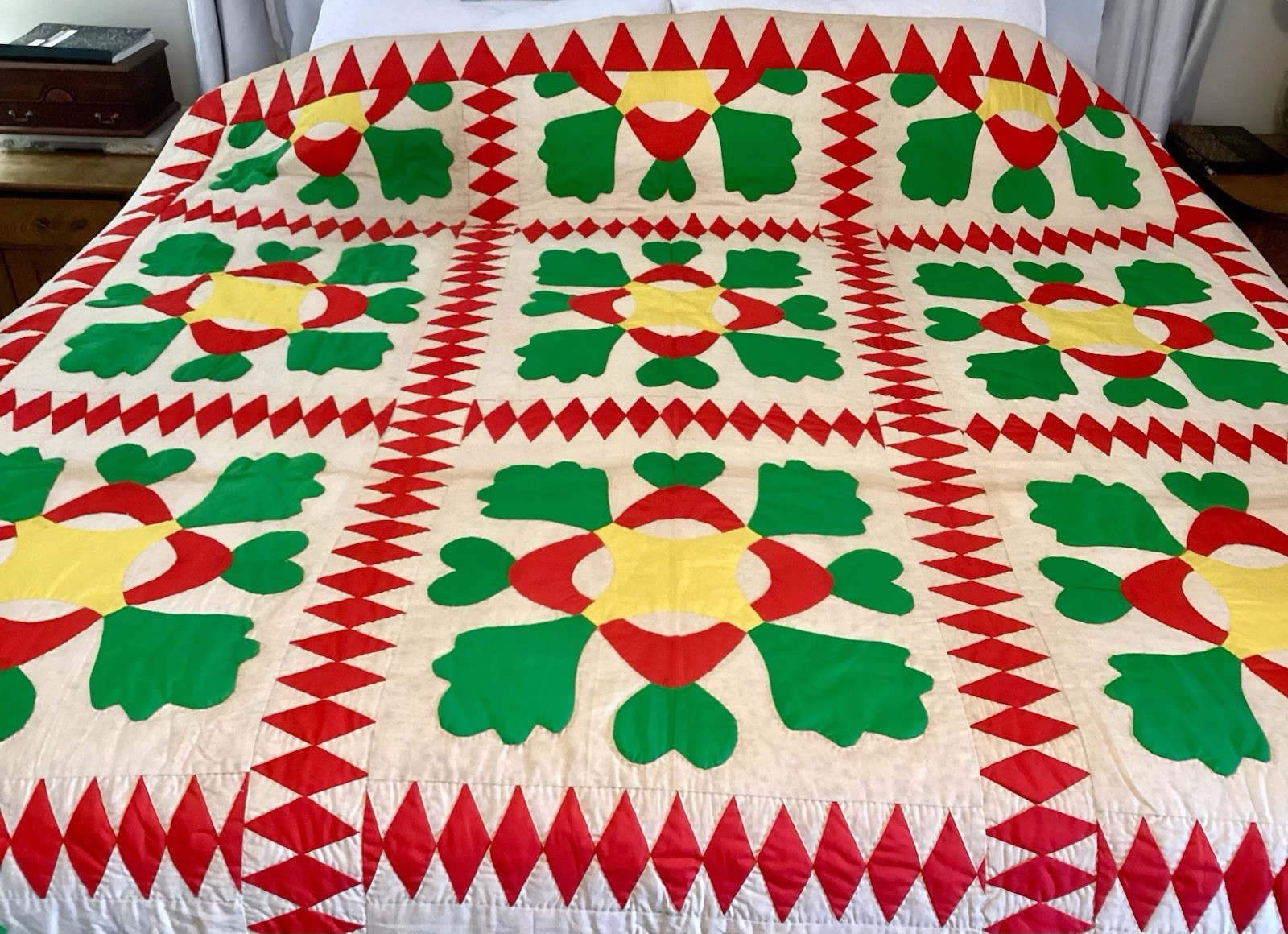 Antique Handmade Quilt Red Green Yellow Floral Clover Farmhouse Primitive Folk