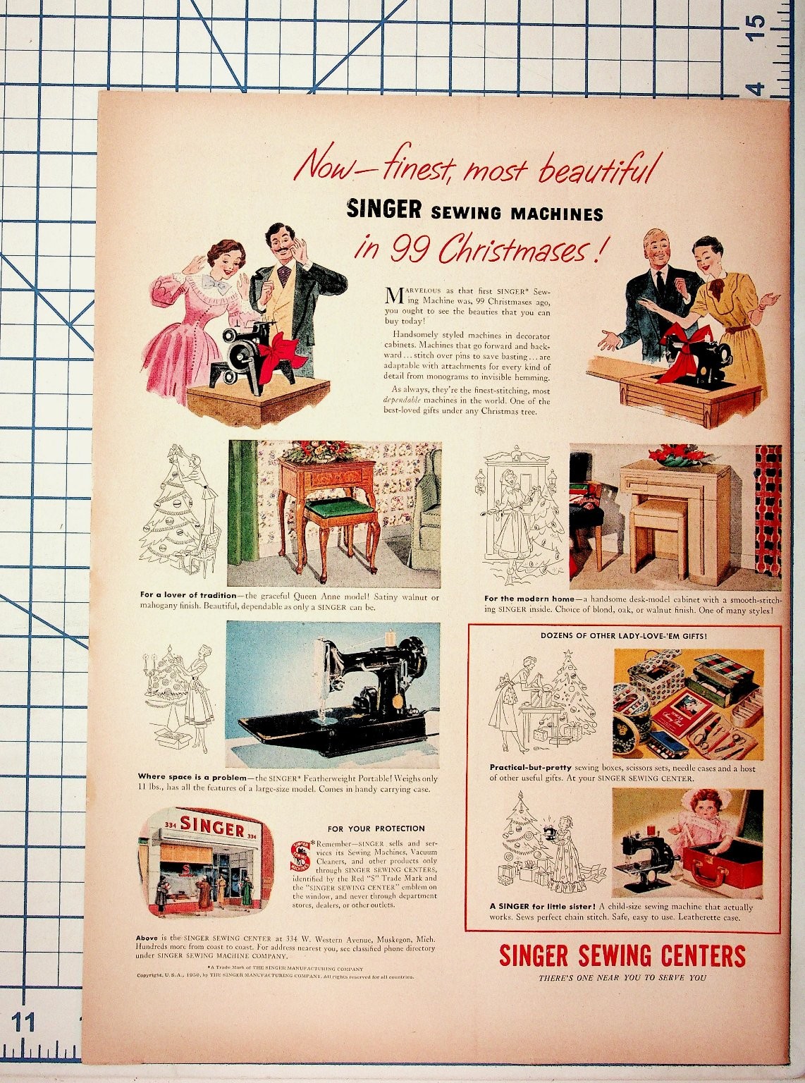 Vintage 1950 Singer Sewing Machine Christmas Ad Featherweight Queen Anne