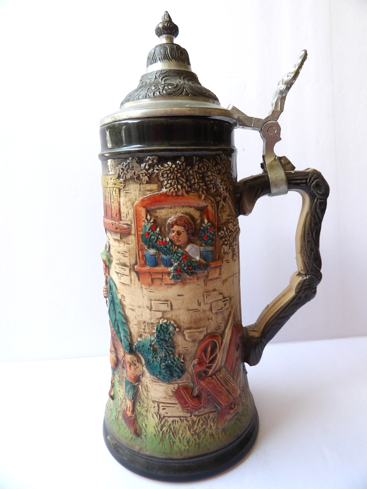 Zoller and Born Hand Painted Embossed Beer Stein Thumb Lift Handle Germany Zoller and Born Hand Painted Embossed Beer Stein Thumb Lift Handle Germany