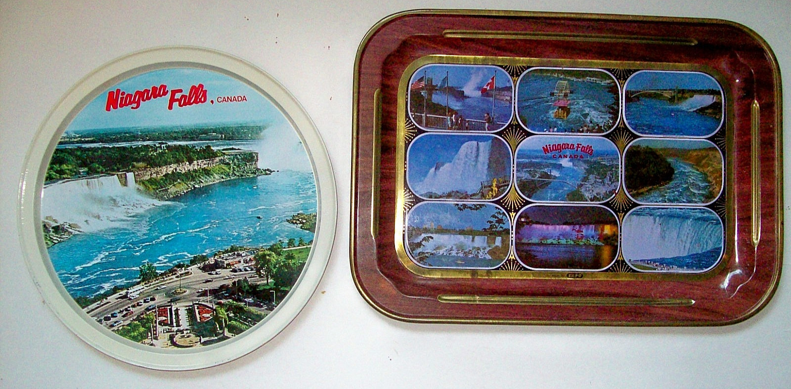 Two Vintage 1970s Niagara Falls Canada Serving Trays -One Round, One Rectangular