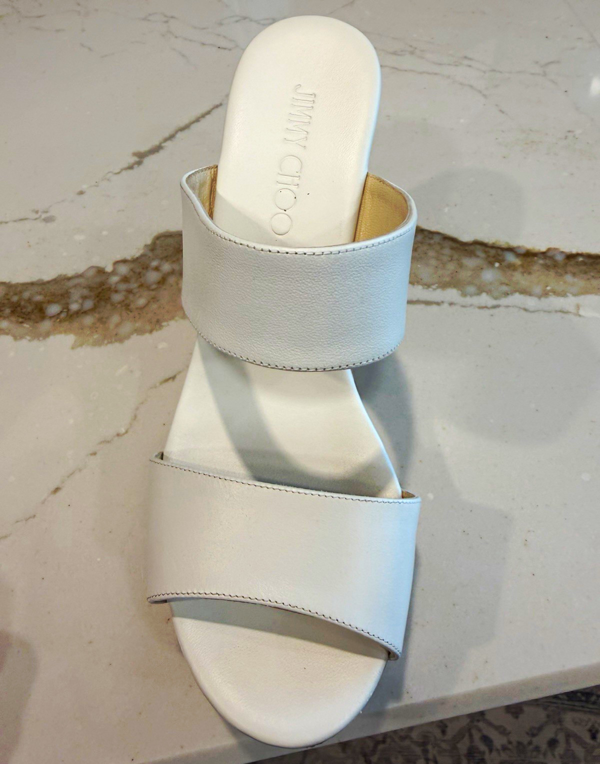 Jimmy Choo White Leather Wedge Slide Sandals Slip-On Logo Straps EU 38