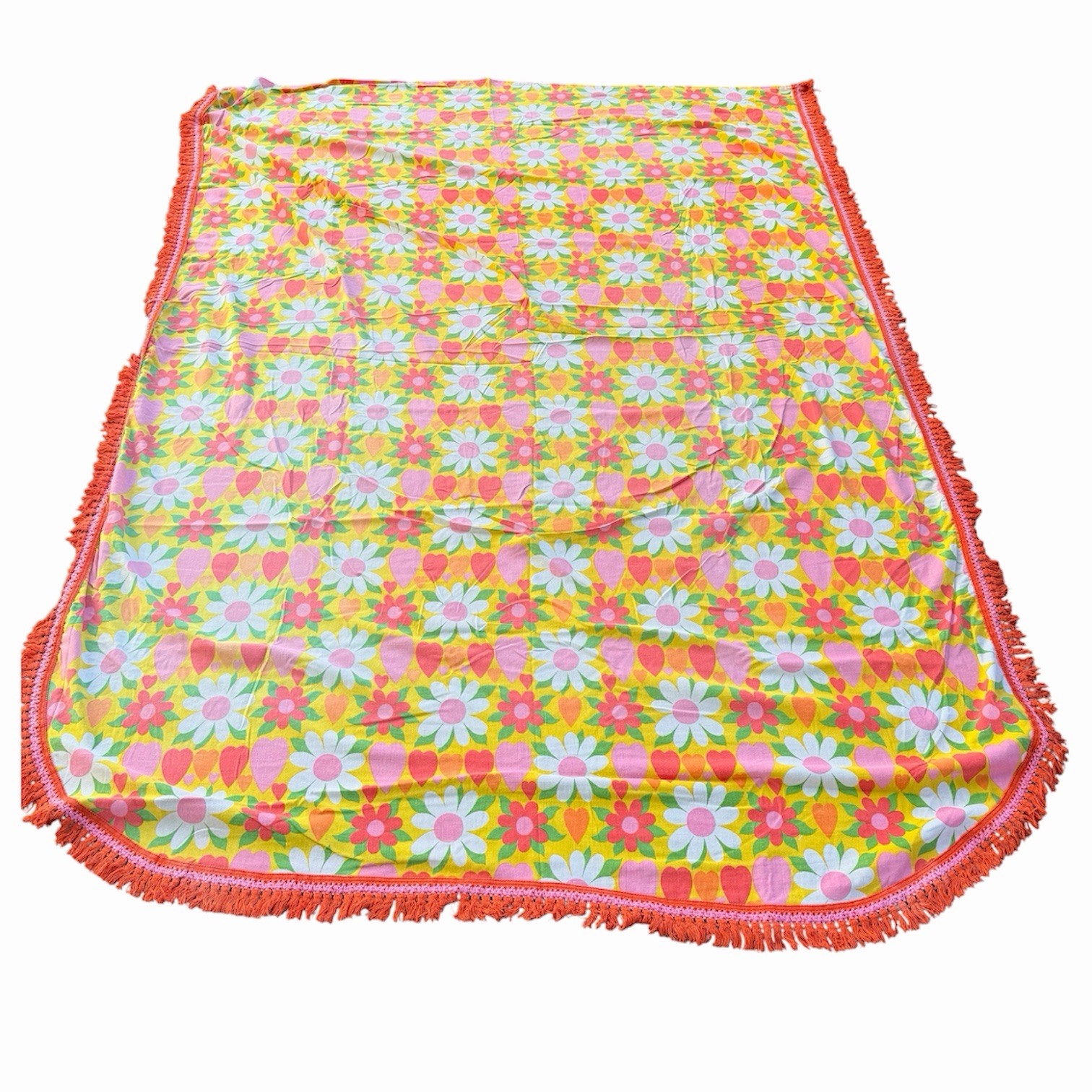 Vintage Fieldcrest Daisy Hearts Fringe Bedspread Blanket Hippie Flower 76”x102”