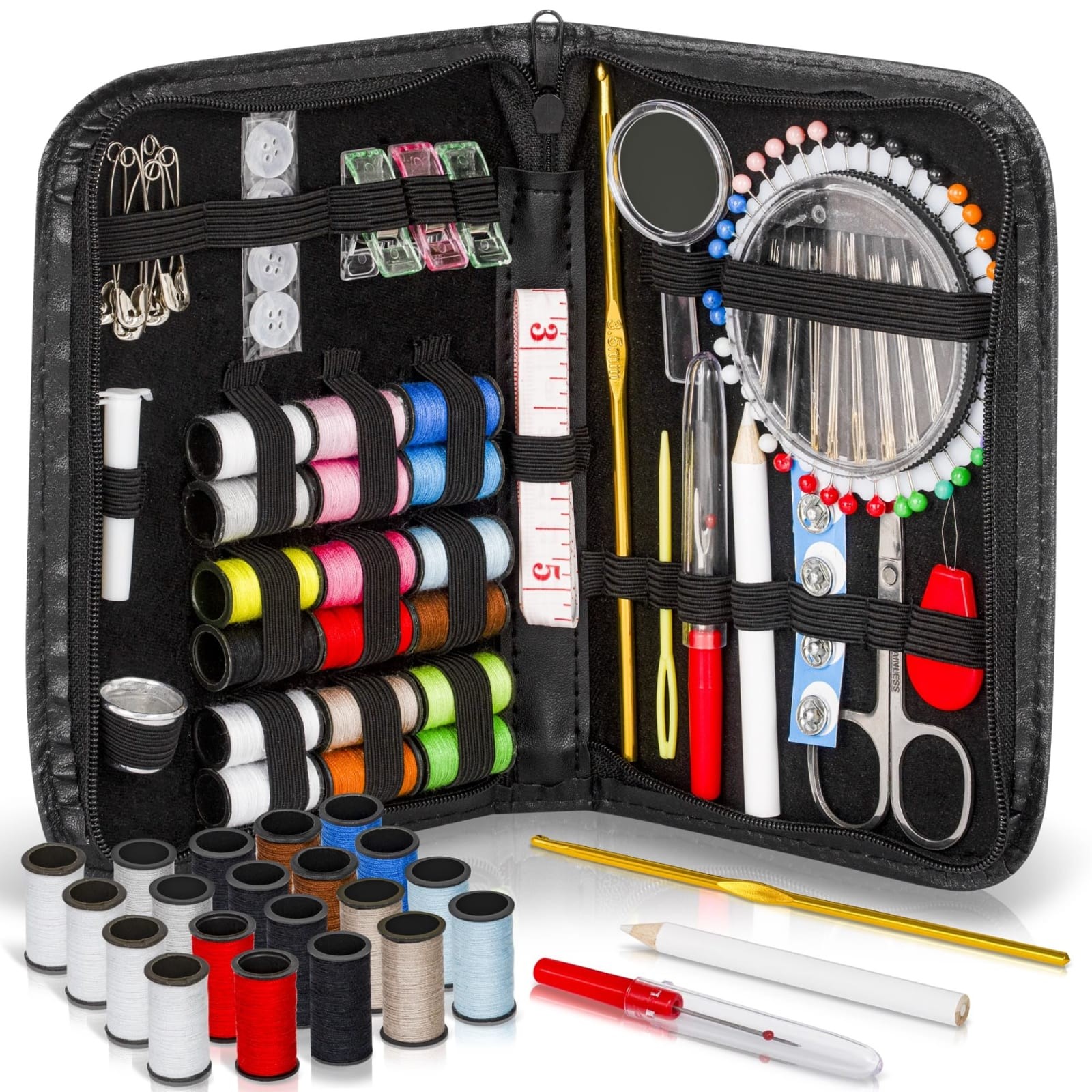 142-Piece Travel Sewing Kit Extra Thread Pack Portable Leather Zipper Case