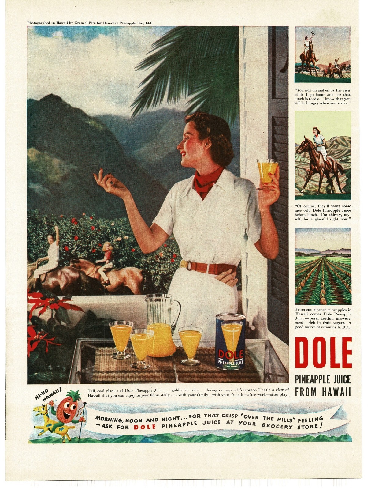 1939 Dole Pineapple Juice Man woman on horse Hawaii view Vintage Print Ad
