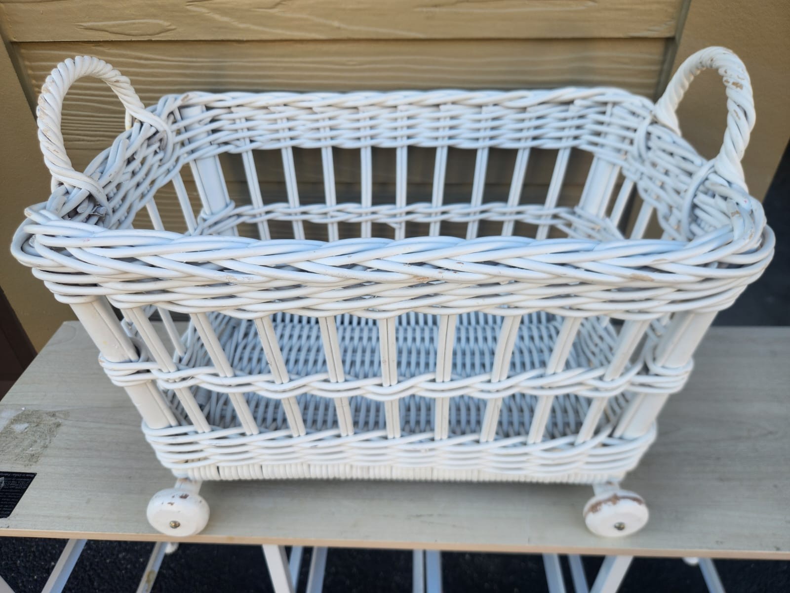 Antique White Painted Wicker Rattan Wood With Wheels and Handles Basket.