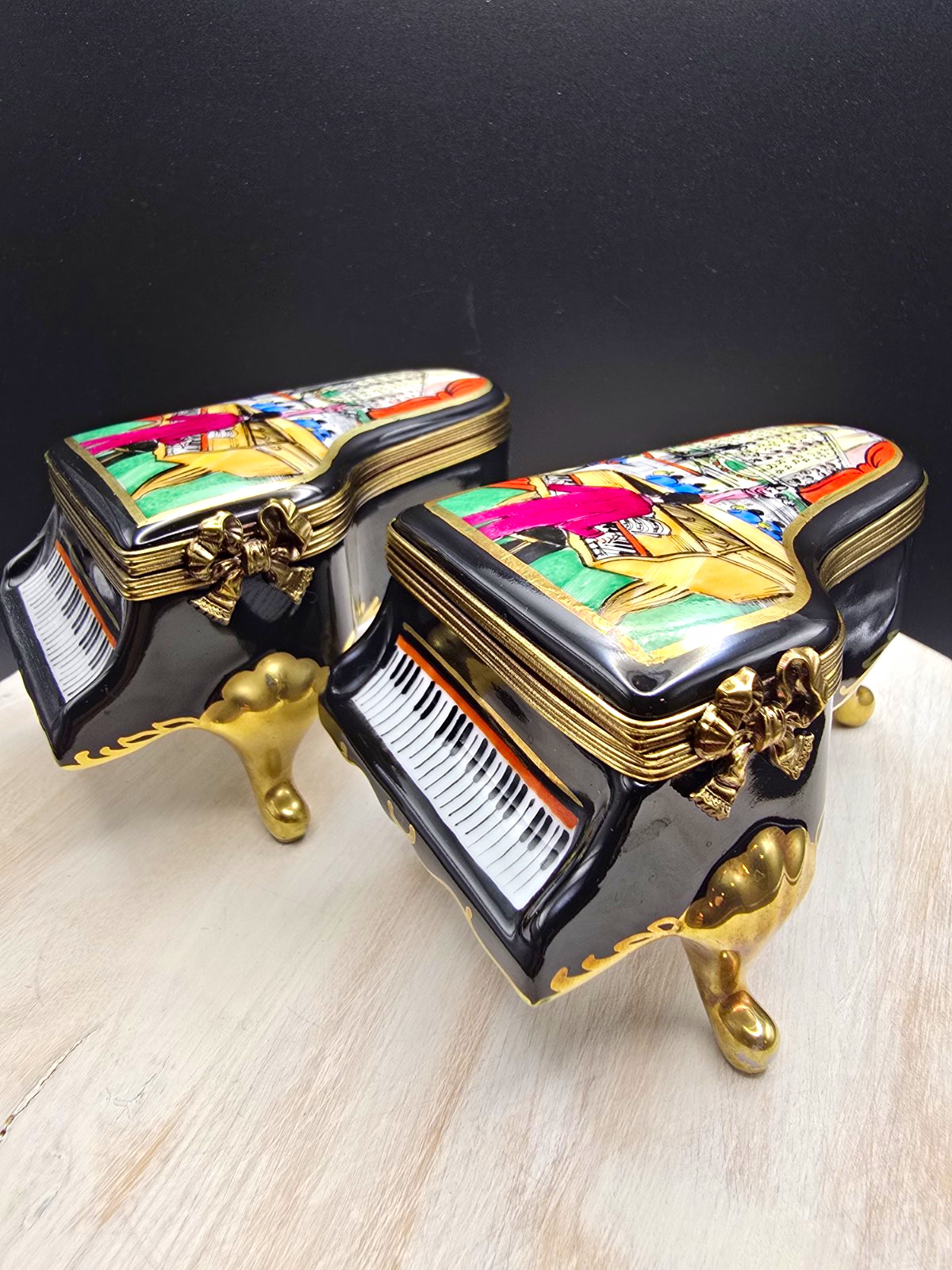 INVESTMENT PAIR Vintage Limoges France Porcelain Grand Piano Trinket Boxes Peint