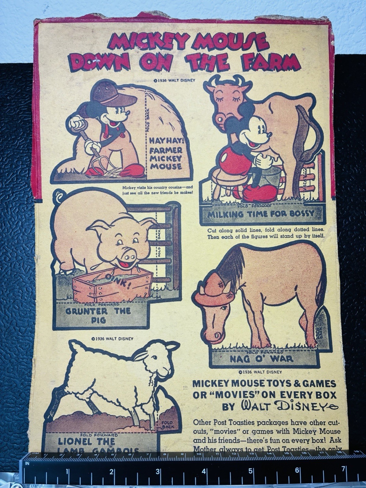 1935 Post Toasties Cereal Walt Disney Cardboard Cutout Mickey Mouse Farm Animals