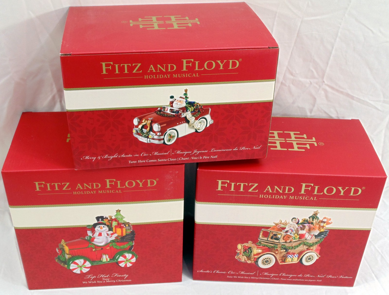 New Lot 3 Fitz & Floyd Holiday Musical Ceramic Car Santa Snowman w/Box