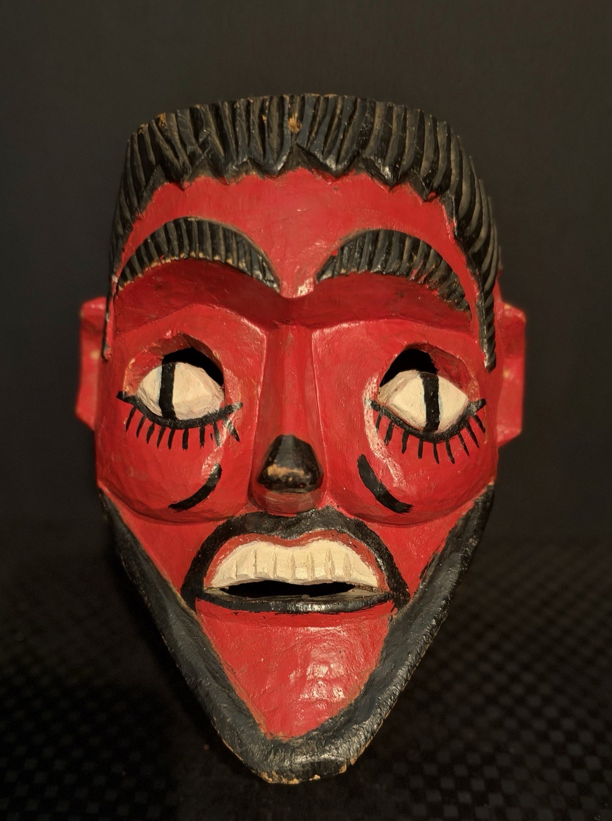 Vintage Mexican Folk Art Carved Wood Dance Mask Red Puebla Diablo Devil Man