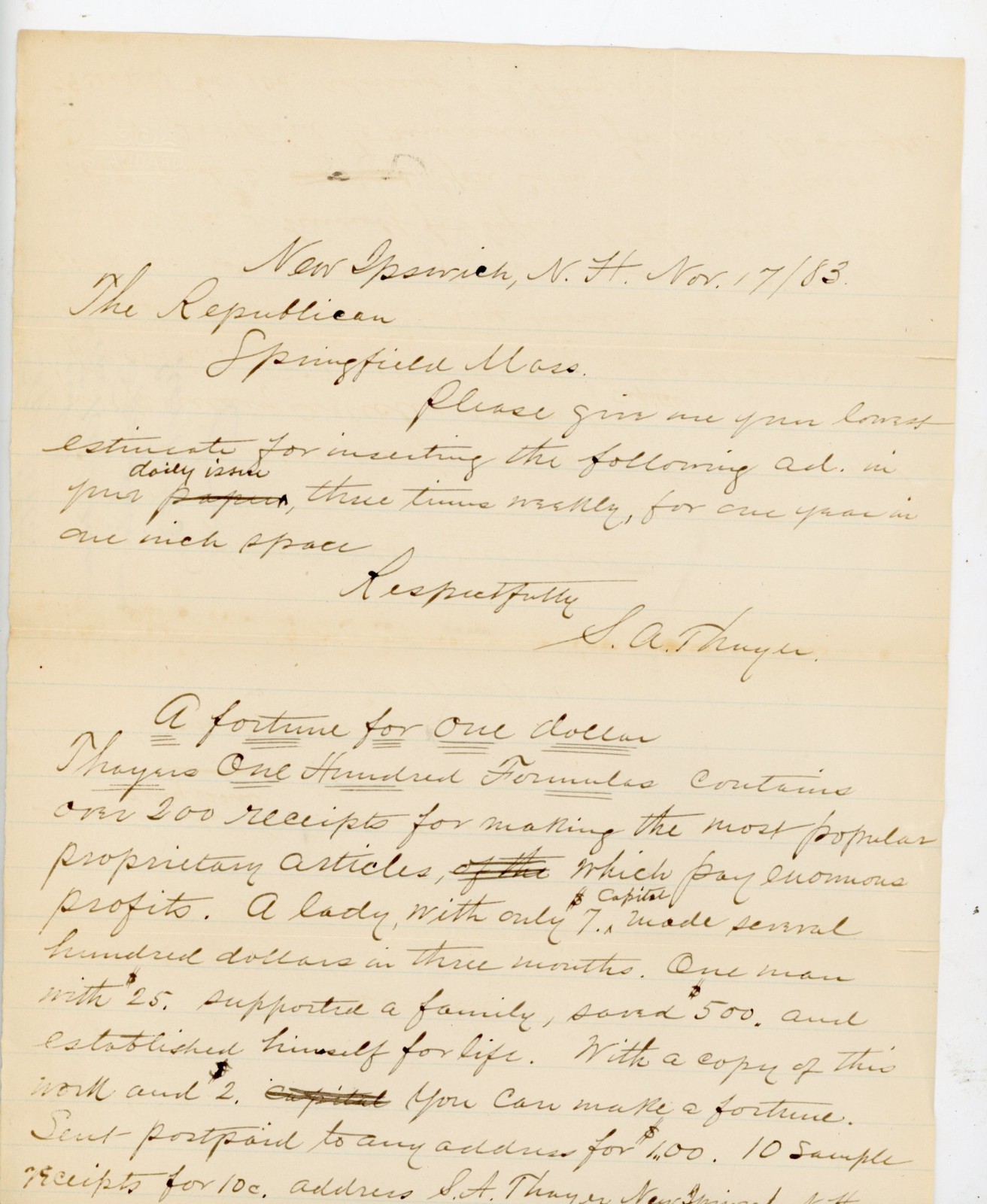 1883 Handwritten Letter Advertising Inquiry New Ipswich NH Signed S A Thayer