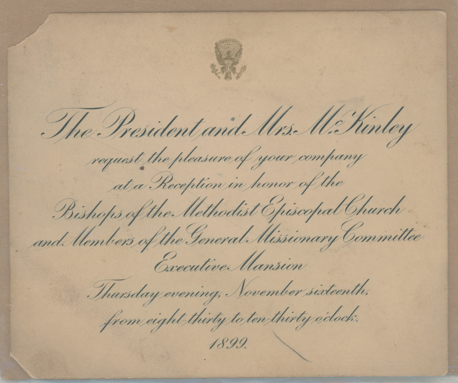 1899 White House Invitation McKinley Reception for Methodist Bishops Rare