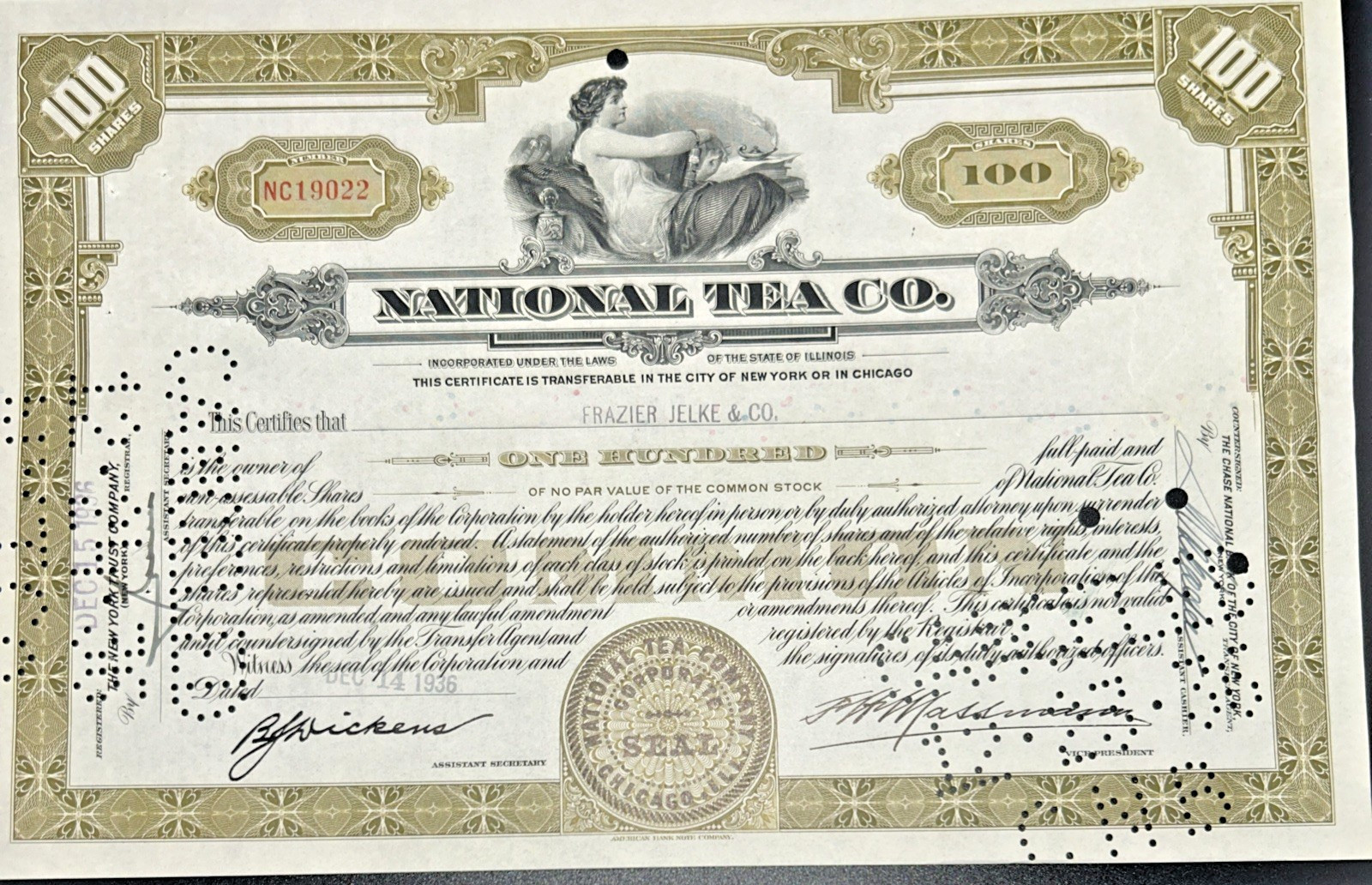 National Tea Co Stock Certificate 1936 Frazier Jelke Signature Wall Street