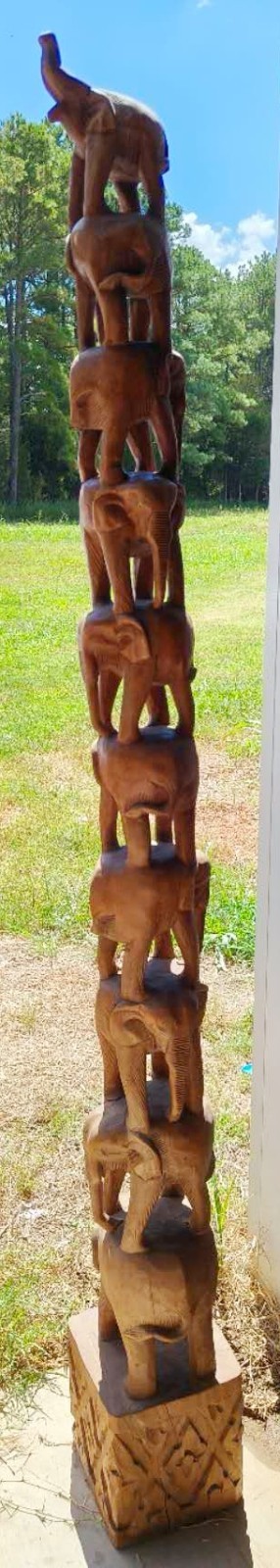 Tall 74'' Vintage hand-carved wooden 10 elephants totem pole or tower sculpture
