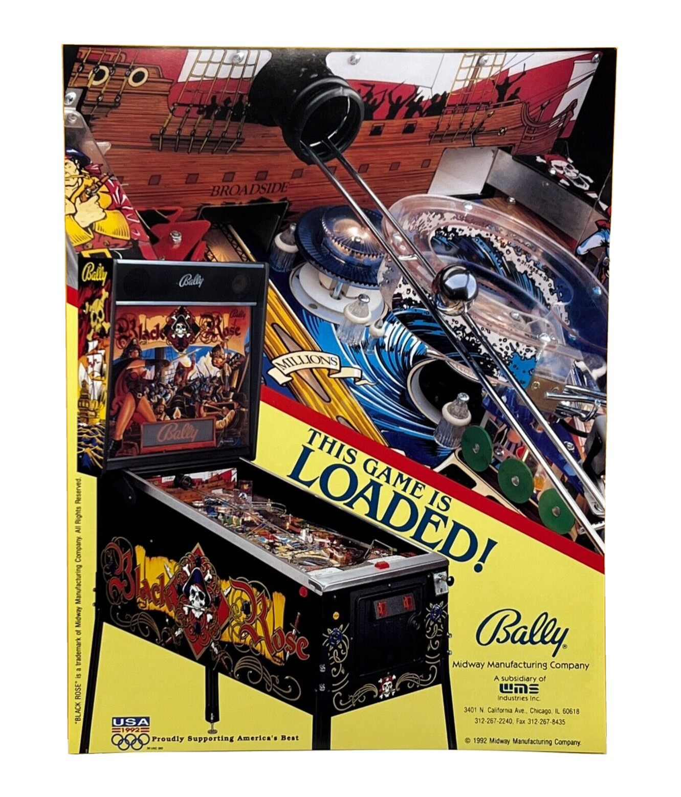 Bally Black Rose Pinball Flyer Original 90s Promo Retro Game Art Pirate Vintage
