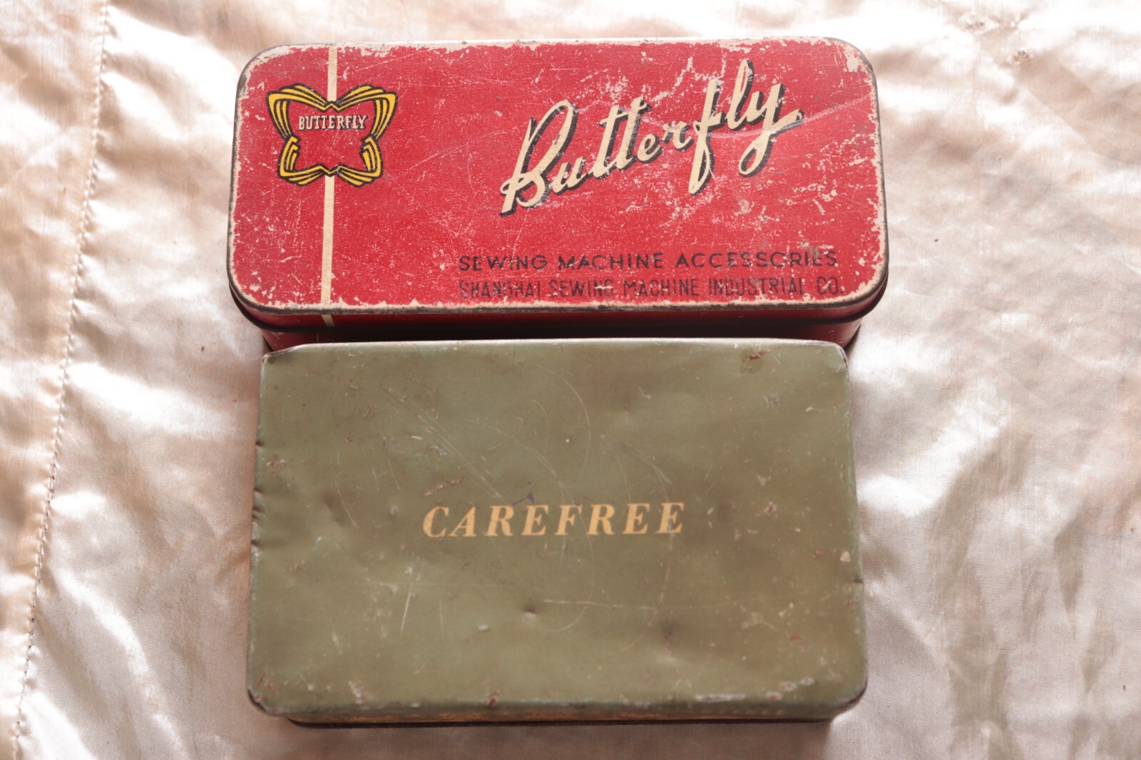 Vintage Set Two Tin Boxes Carefree & Butterfly Sewing Machine Accessories Rare