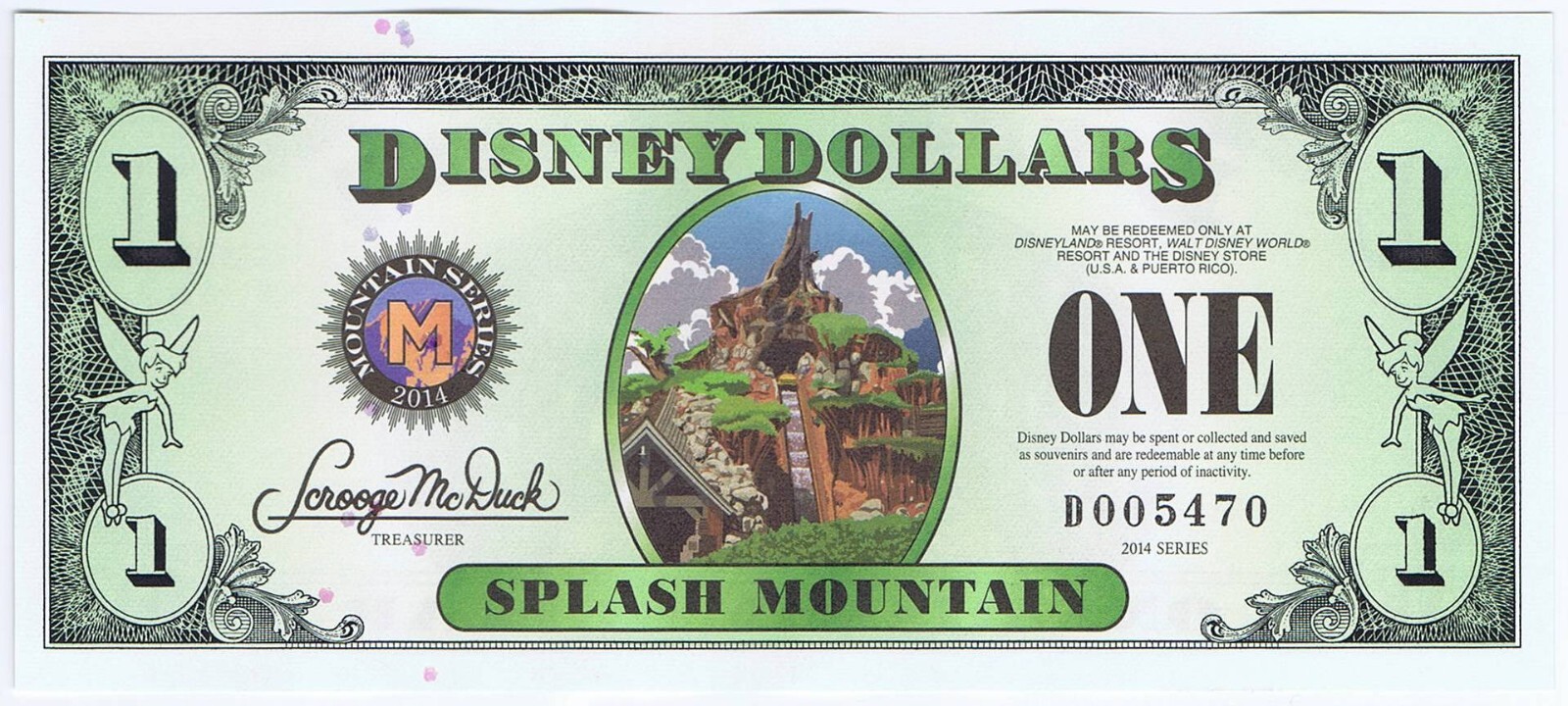 WDW 2014 $1 D RARE (FOUR) 4 Digit D005468 SPLASH MT MICKEY Disney Dollar Dollars