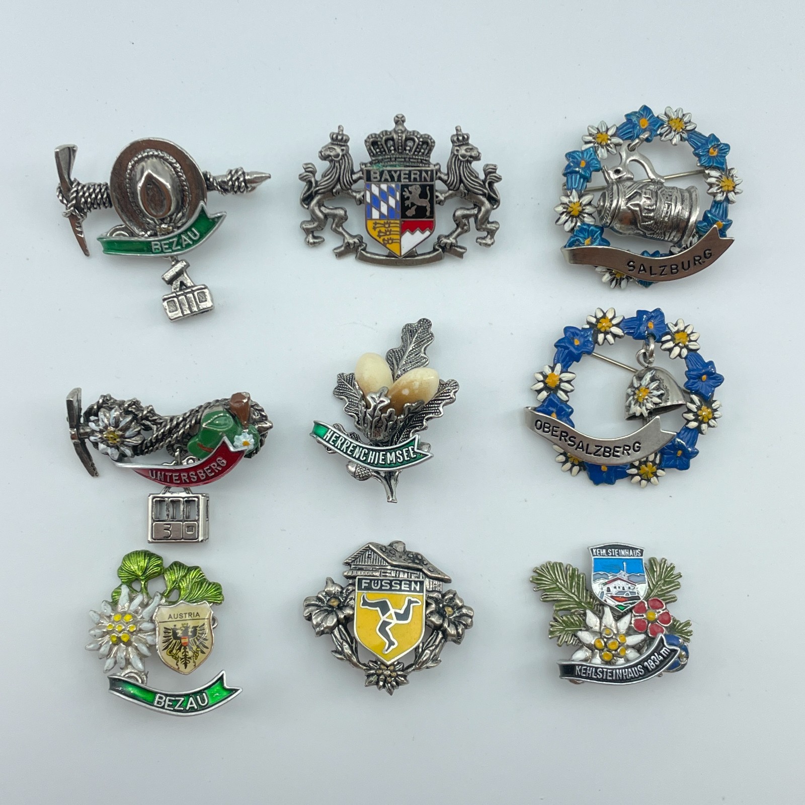 Vintage German Austrian Alpine Souvenir Pins Lot 9 Enamel Bavaria Salzburg 1in