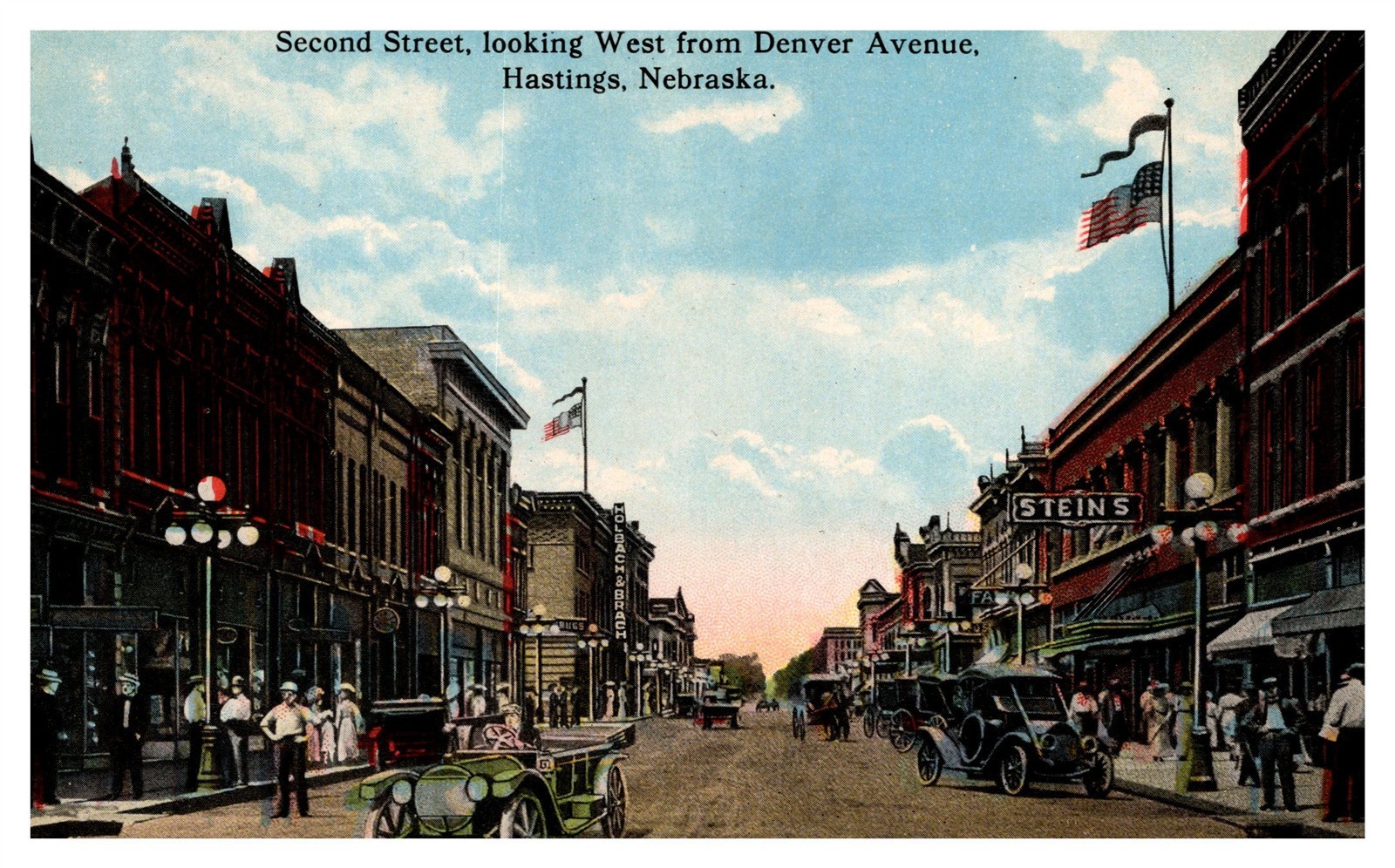 Second St From Denver Ave Steins Stores Cars Hastings NE C1910s Postcard AG6