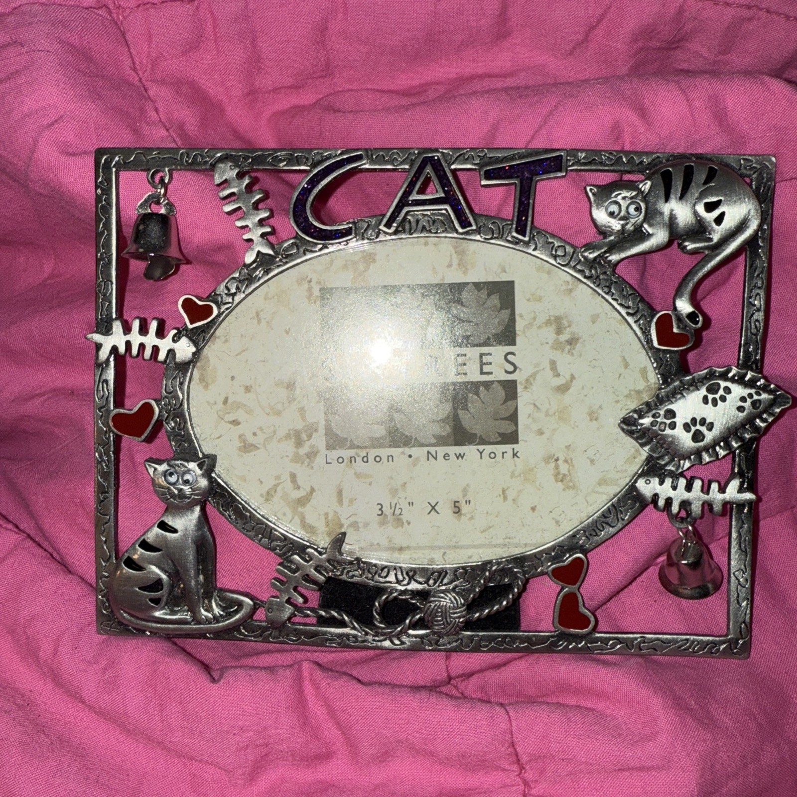 Six Trees Pewter Crazy Cat Picture Frame 3.5” X 5” 3D Hanging Bells