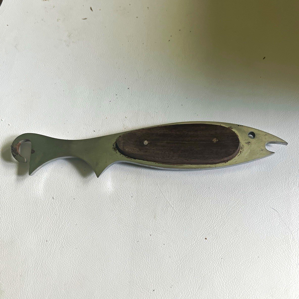 Vintage Fish-Shaped Metal Bottle Opener w/ Wood Inlay Handle Breweriana