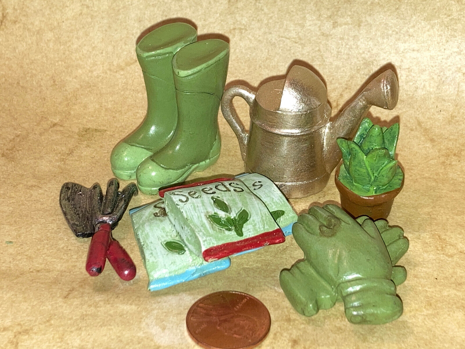 Small Gardening Dollhouse Miniature set resin gloves seeds boots watercan shovel