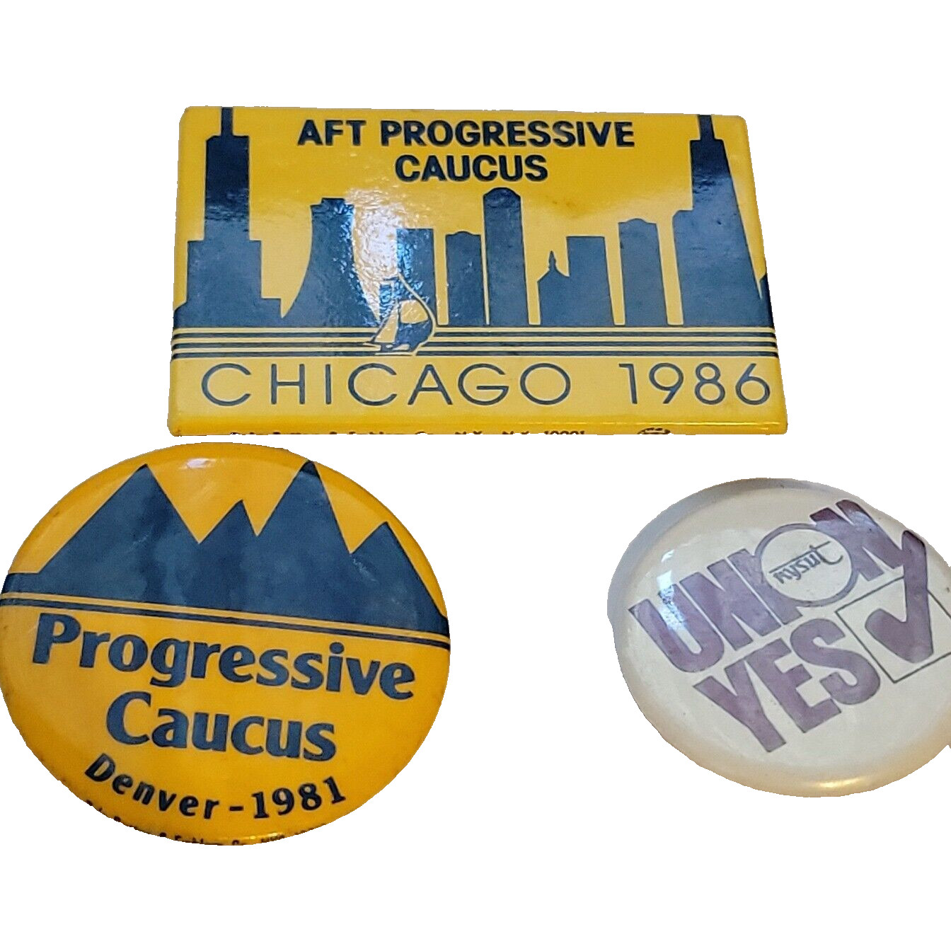 Vintage Progressive Caucus Buttons Denver 1981 Chicago 1986 NYSUT Union Yes Pins
