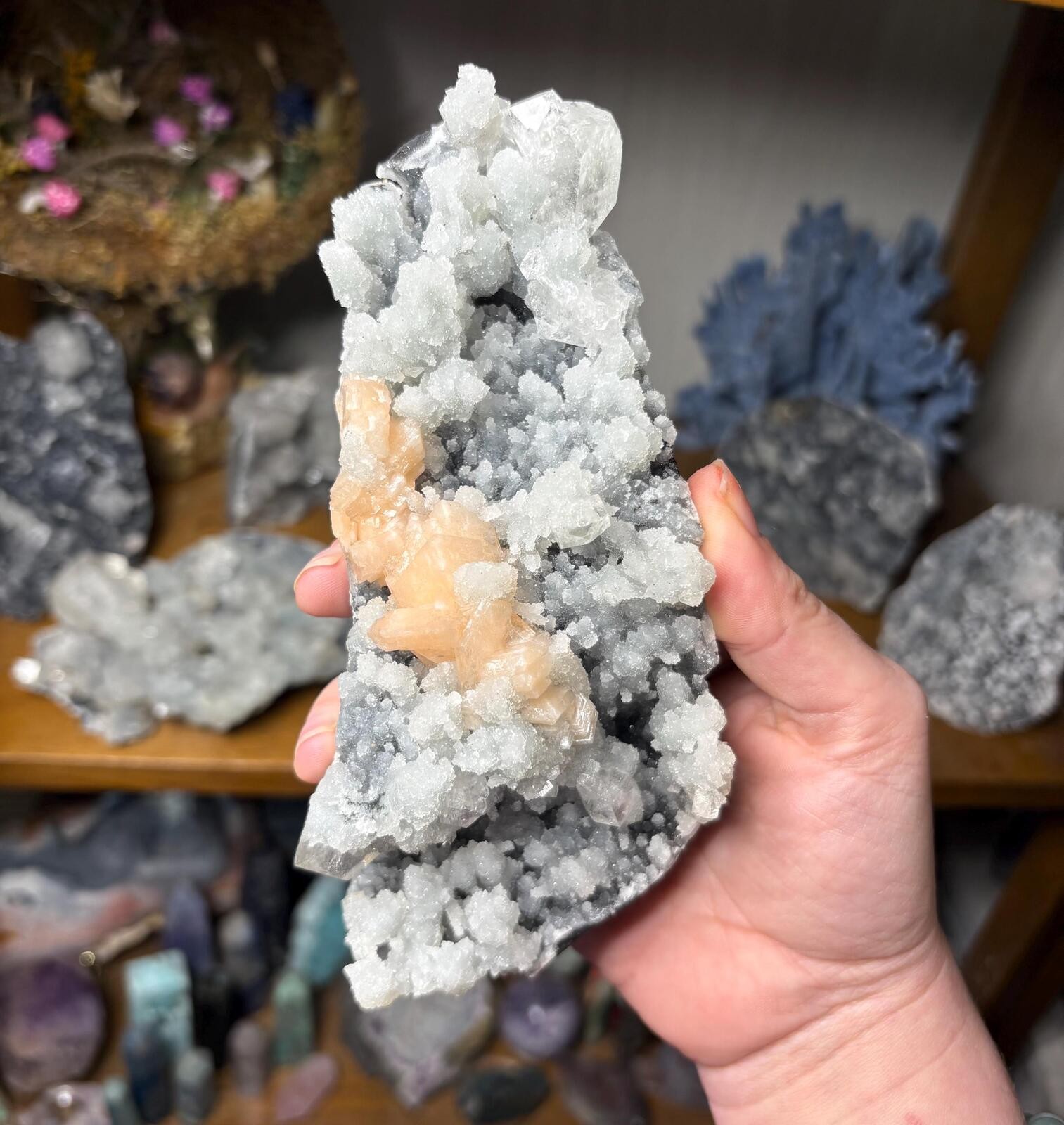 Apophyllite on Grey Chalcedony with Stilbite | Indian Zeolite Mineral Specimen