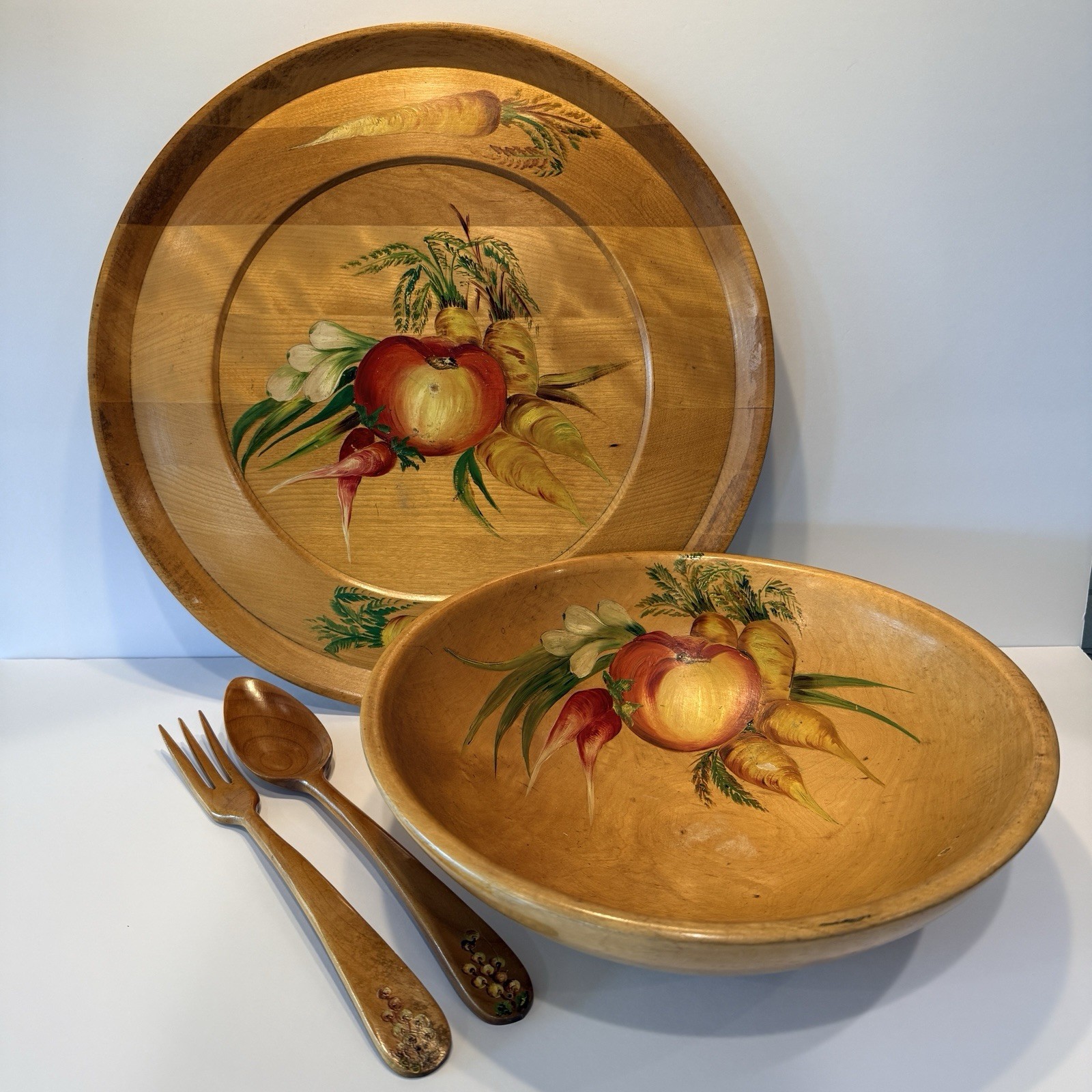 Vintage Hand Painted 4 Pc Wooden Salad Bowl Set Munising Style Farmhouse MCM