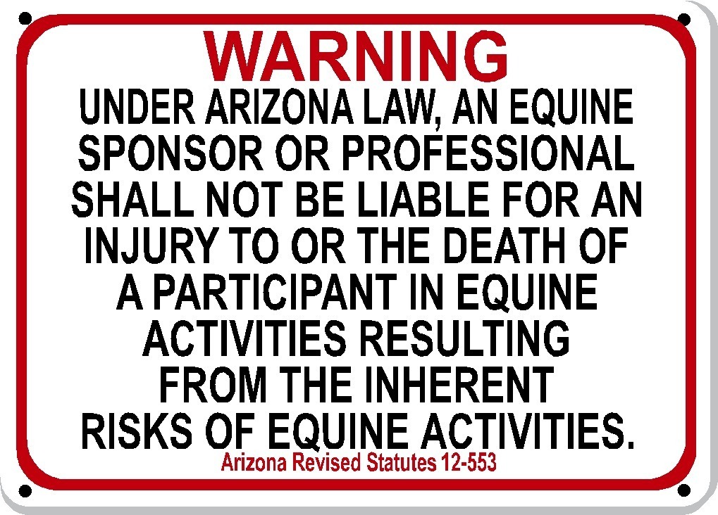 ARIZONA Equine Liability Statute Sign - for farms, ranches, barns, and stables
