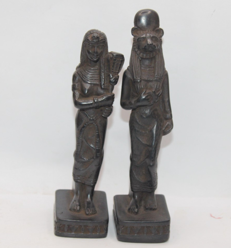 2 UNIQUE PHARAONIC HANDMADE ANCIENT EGYPTIAN SEKHMET and Isis Stand Statues (BS)