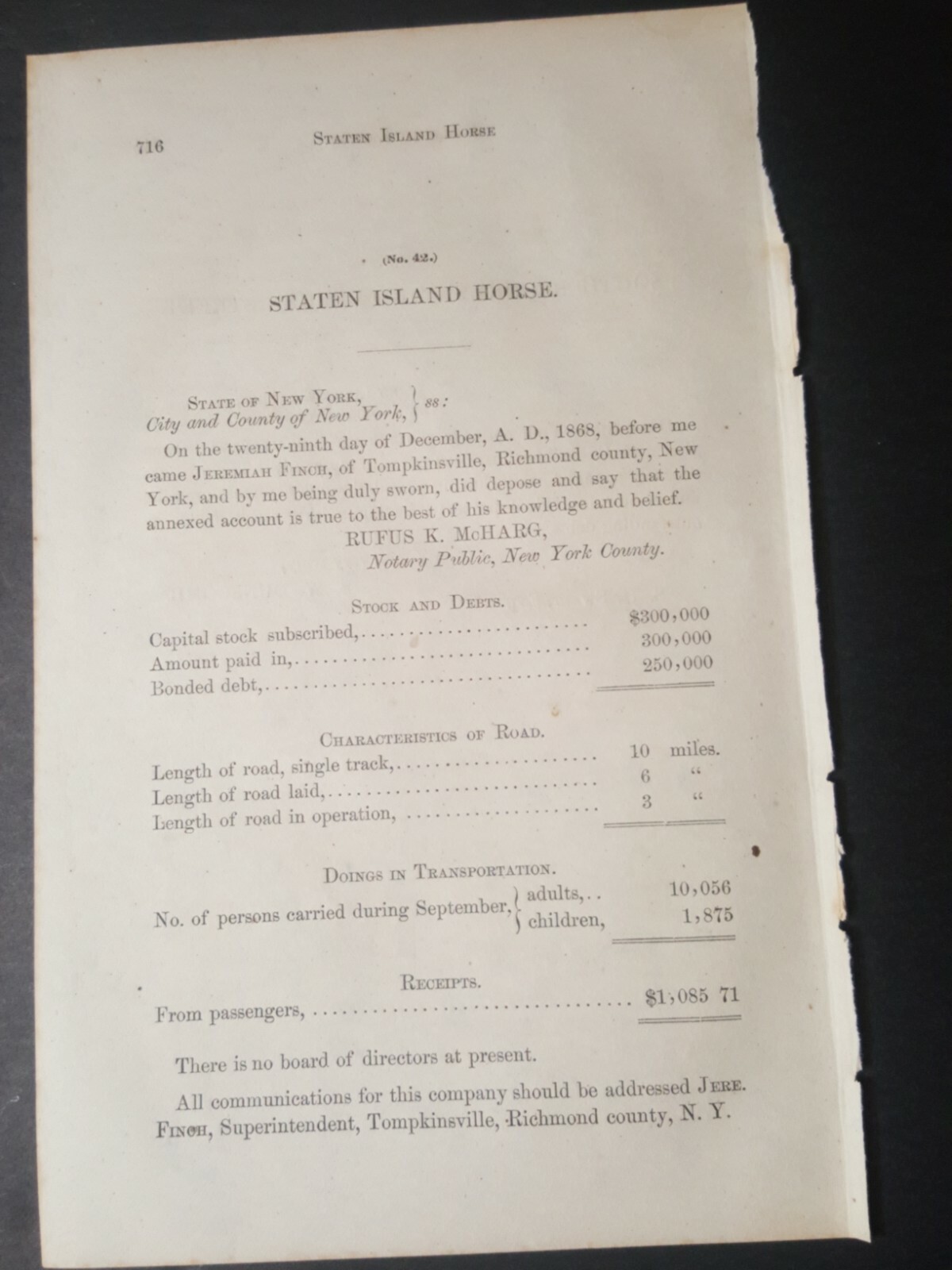 1869 New York horse trolley paper STATEN ISLAND HORSE railroad Tompkinsville NY