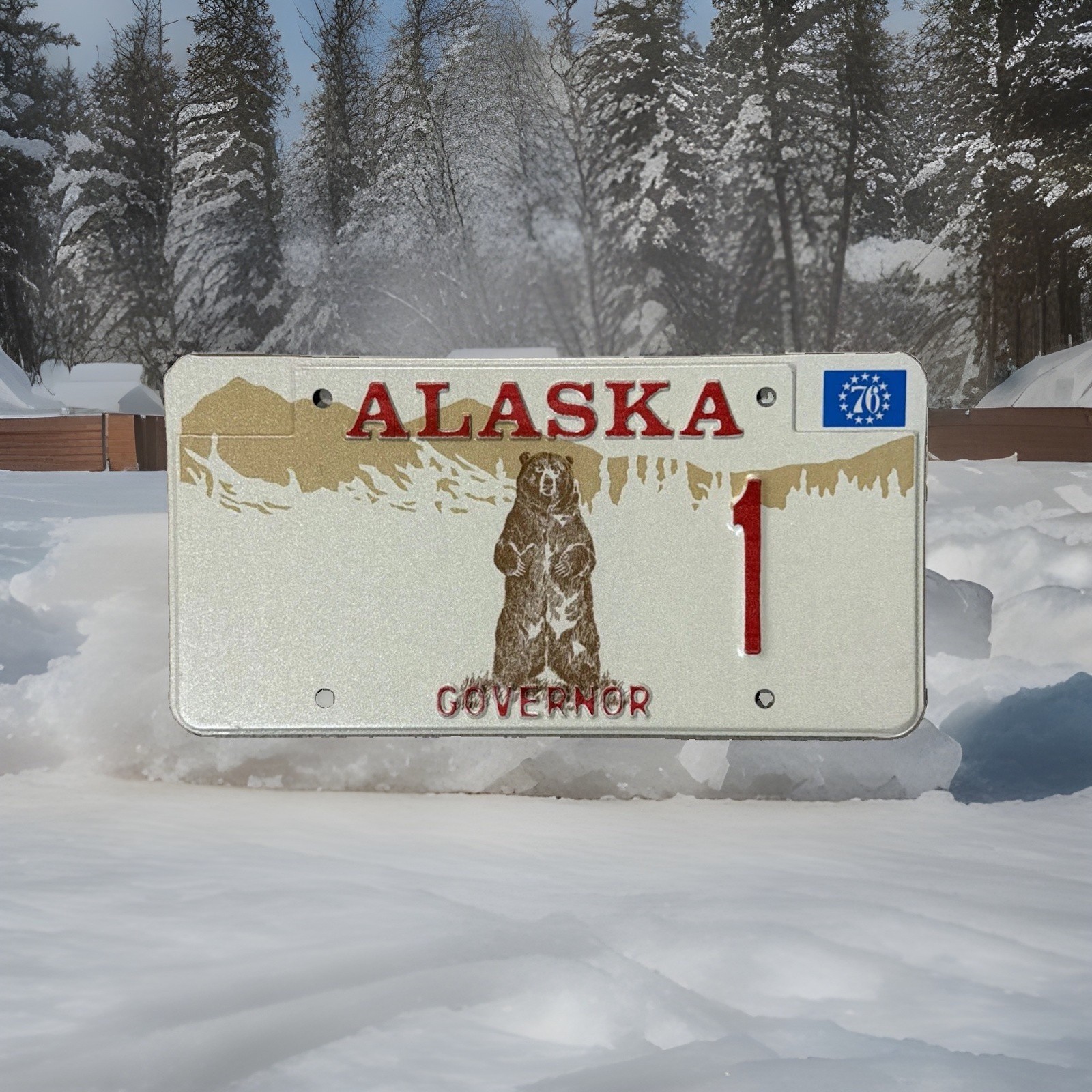 1976 Alaska License Plate Governor 1 Kodiak Bear Vintage Souvenir Collectible
