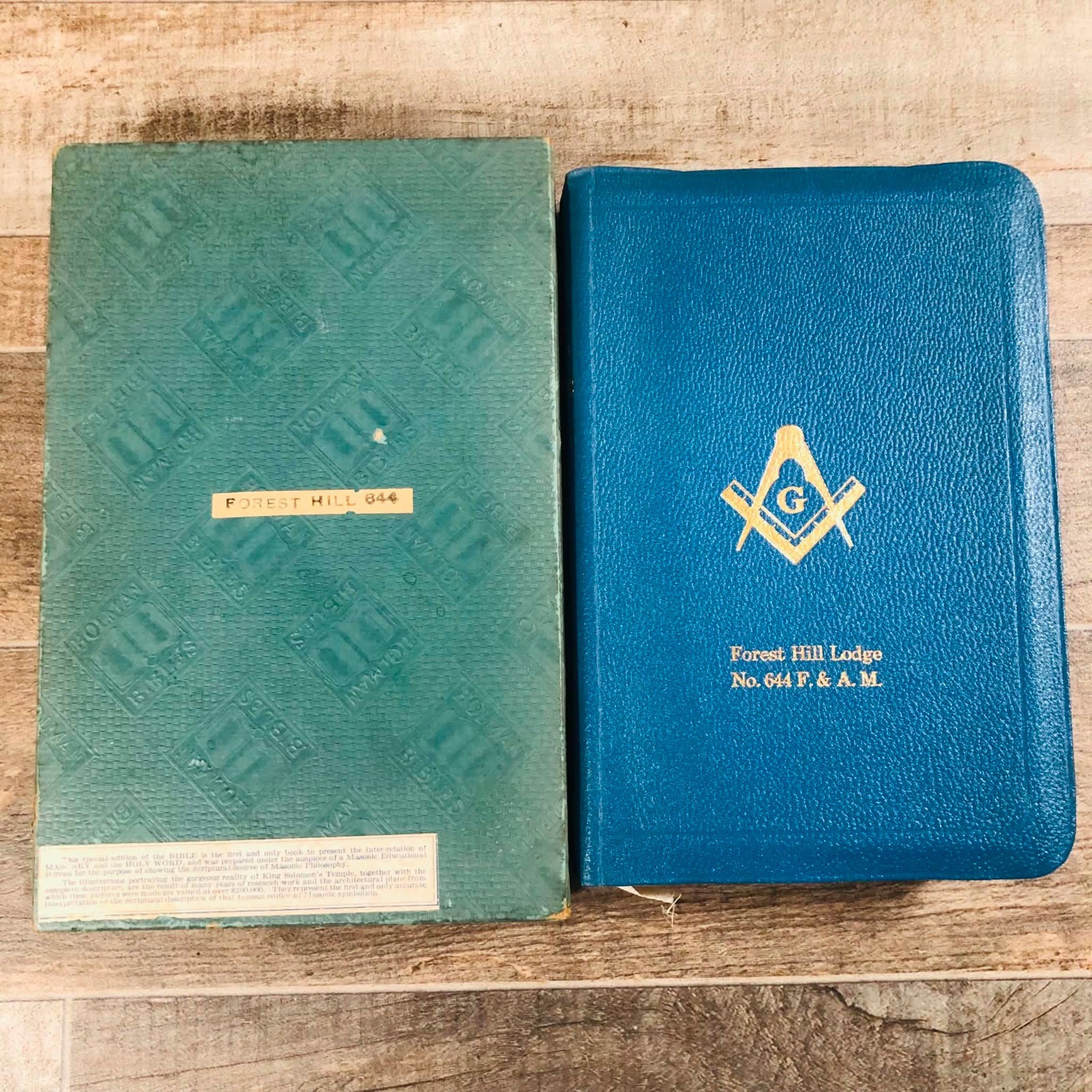 Vintage 1940 Holman Masonic Holy Bible Blue Leather King Solomon Temple w/ Box
